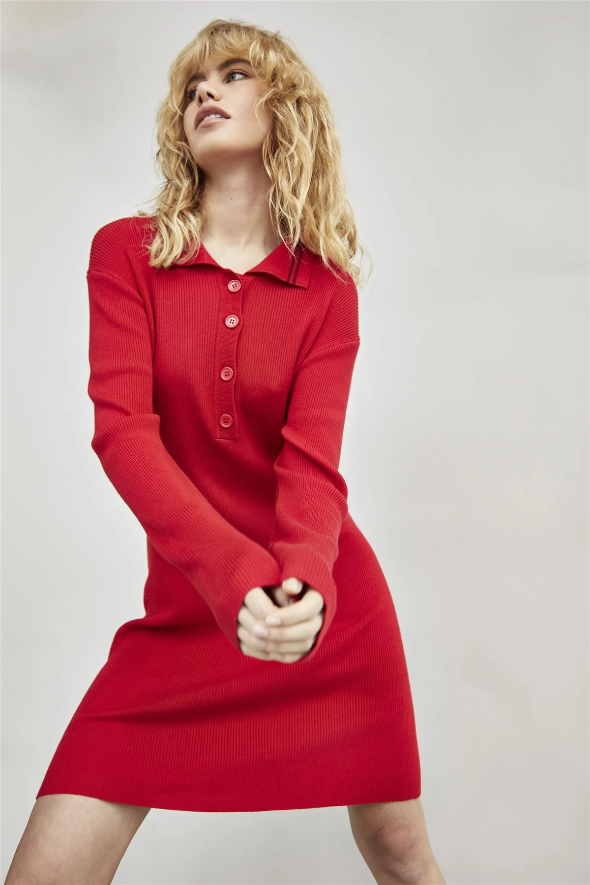 Red Burgundy Long Sleeve Button Up Midi Dress - Image 3
