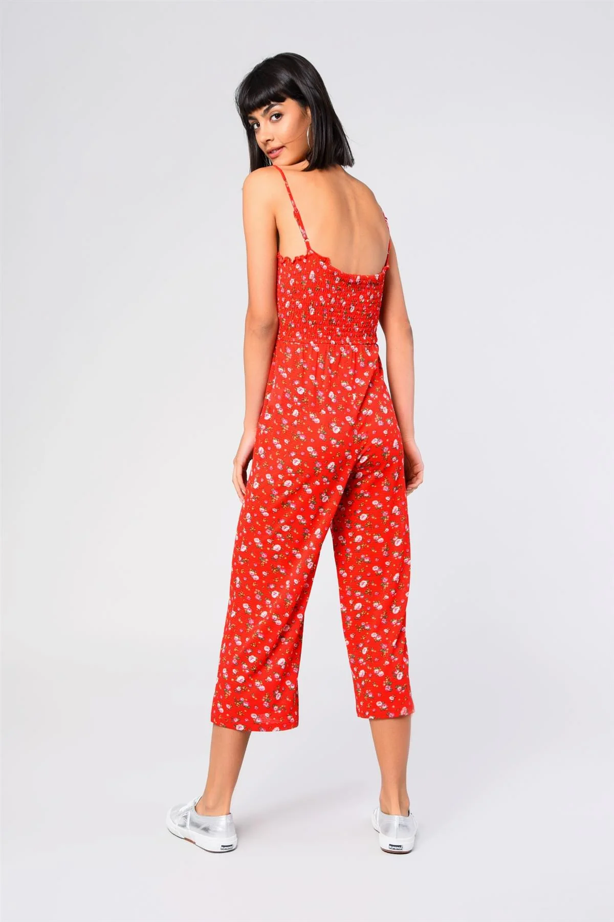Red Ditsy-Flower Shirred Jumpsuit - Image 2