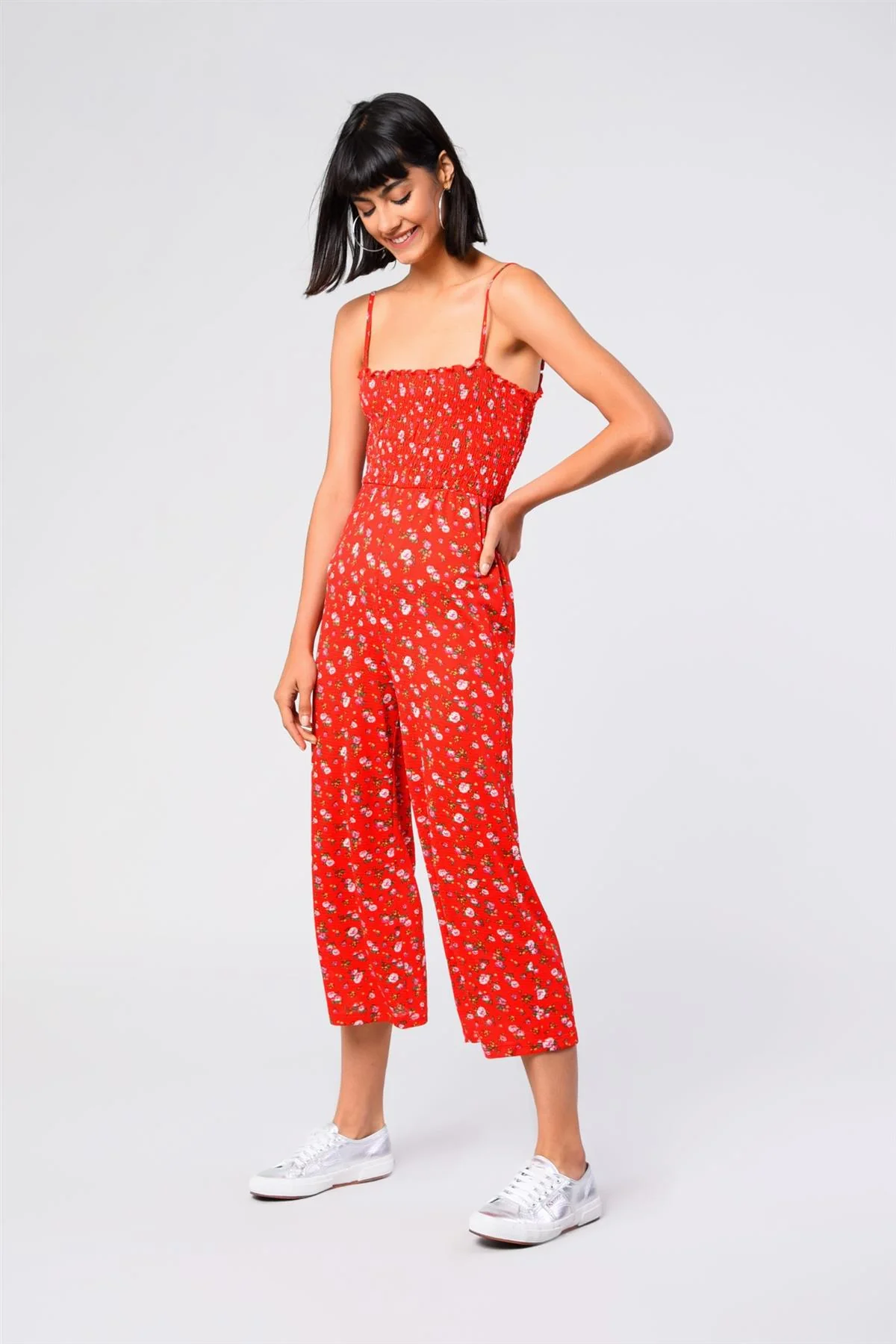 Red Ditsy-Flower Shirred Jumpsuit - Image 3