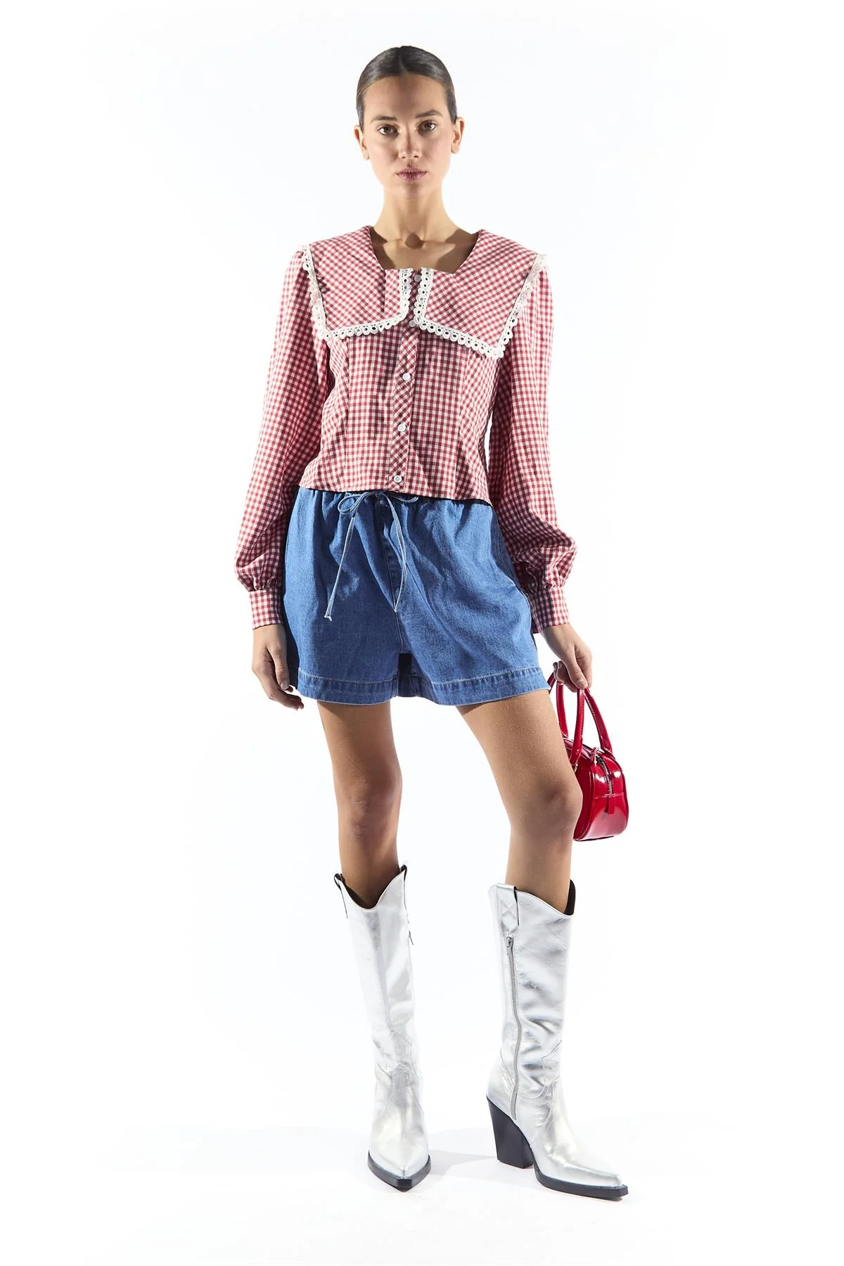 Red Gingham Blouse with Oversized Collar and Trim - Image 3