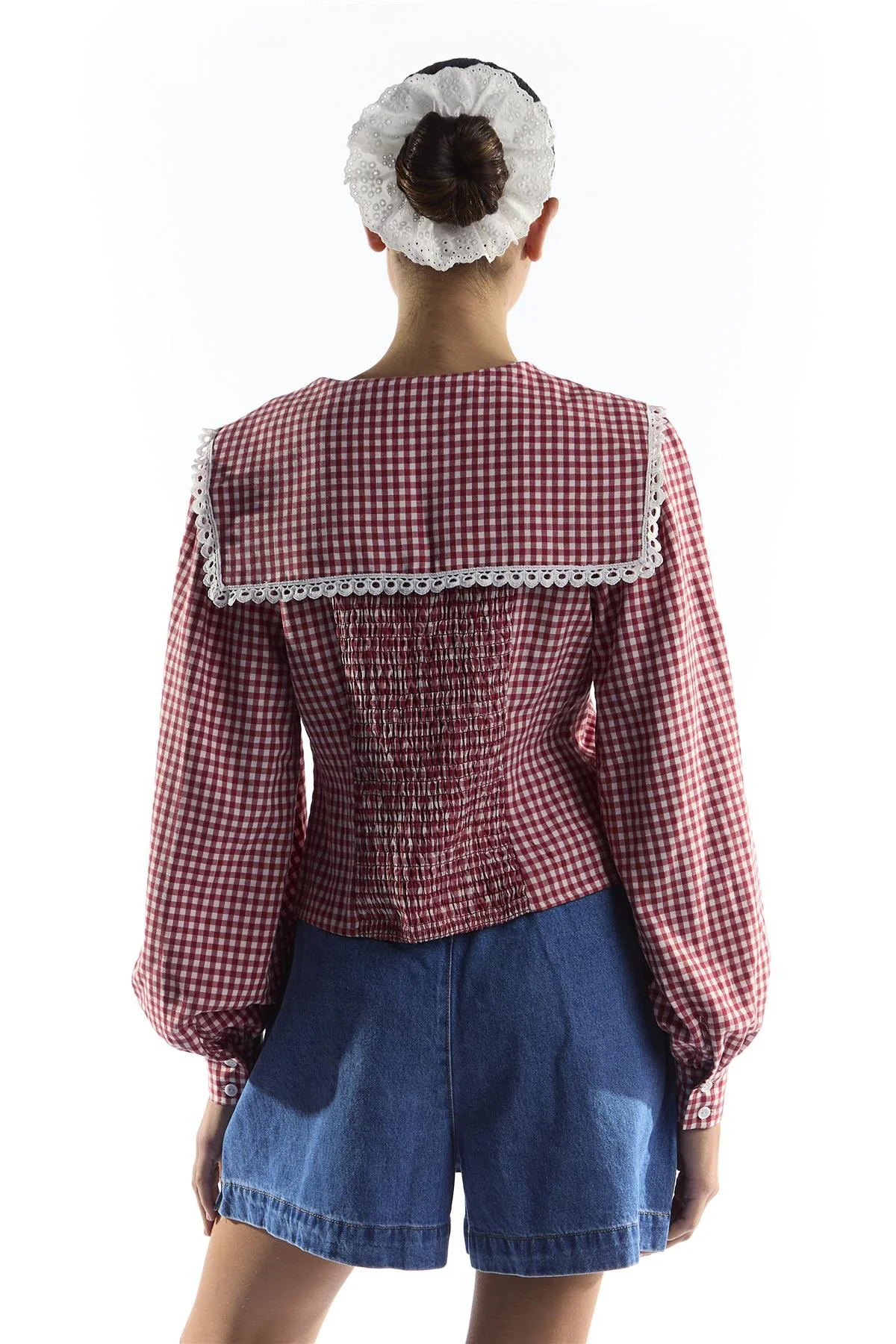 Red Gingham Blouse with Oversized Collar and Trim - Image 4