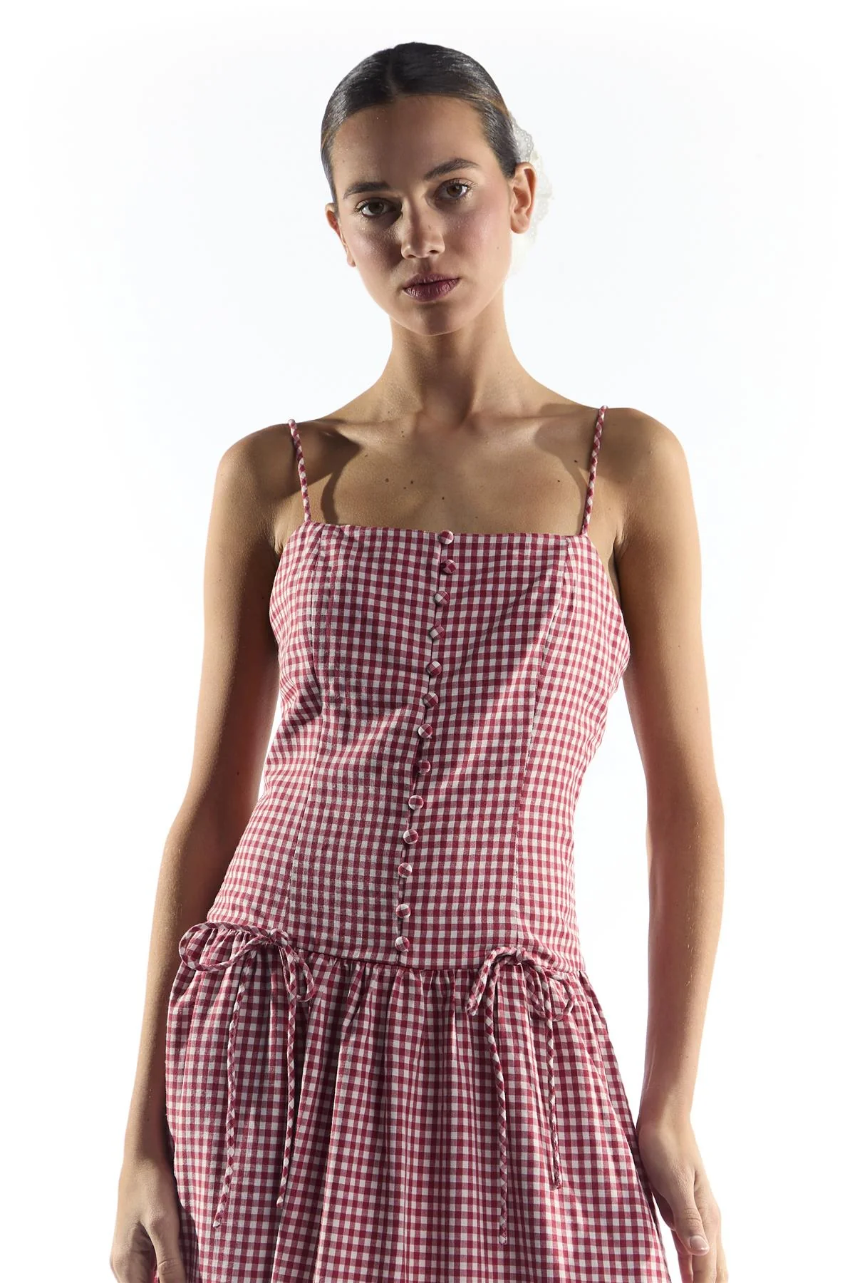 Red Gingham Button Through Dropped Waist Midi Dress - Image 2