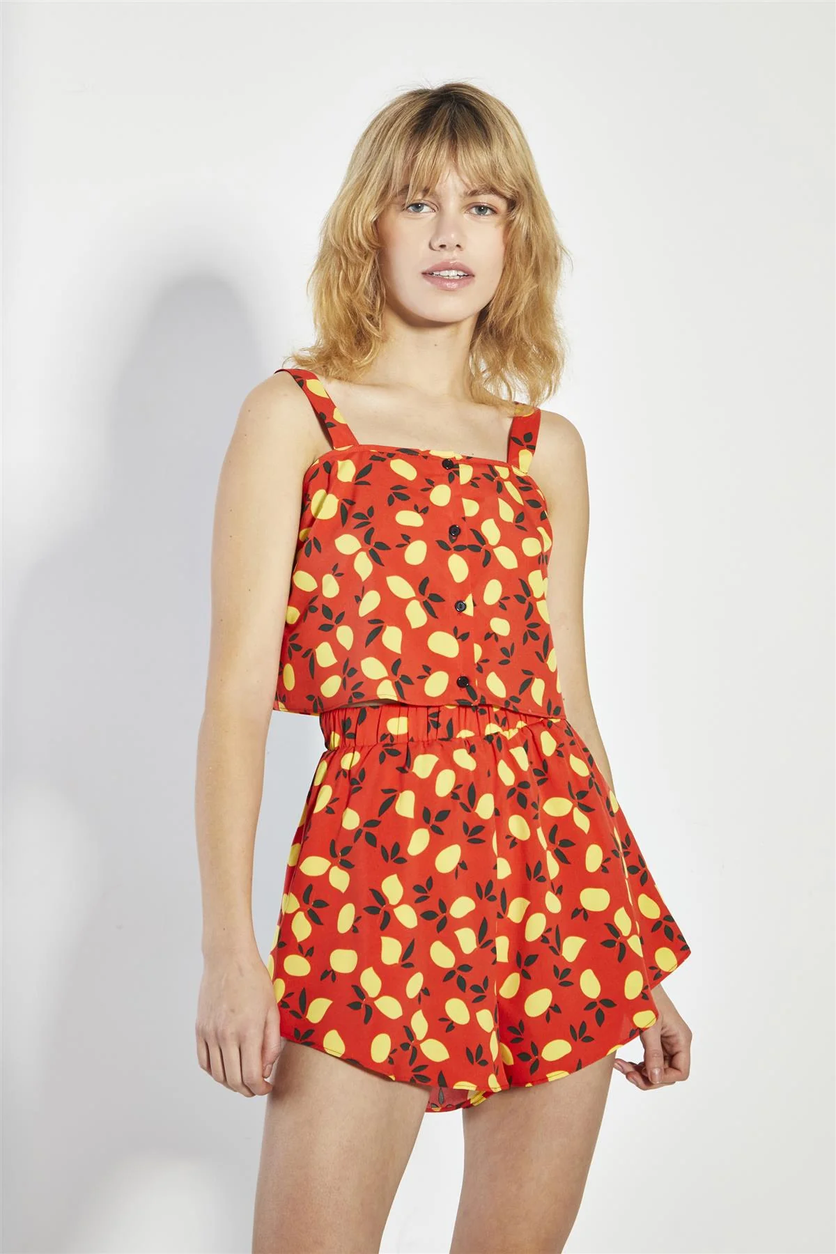 Red-Lemon-Print High-Waisted Elasticated-Shorts - Image 3