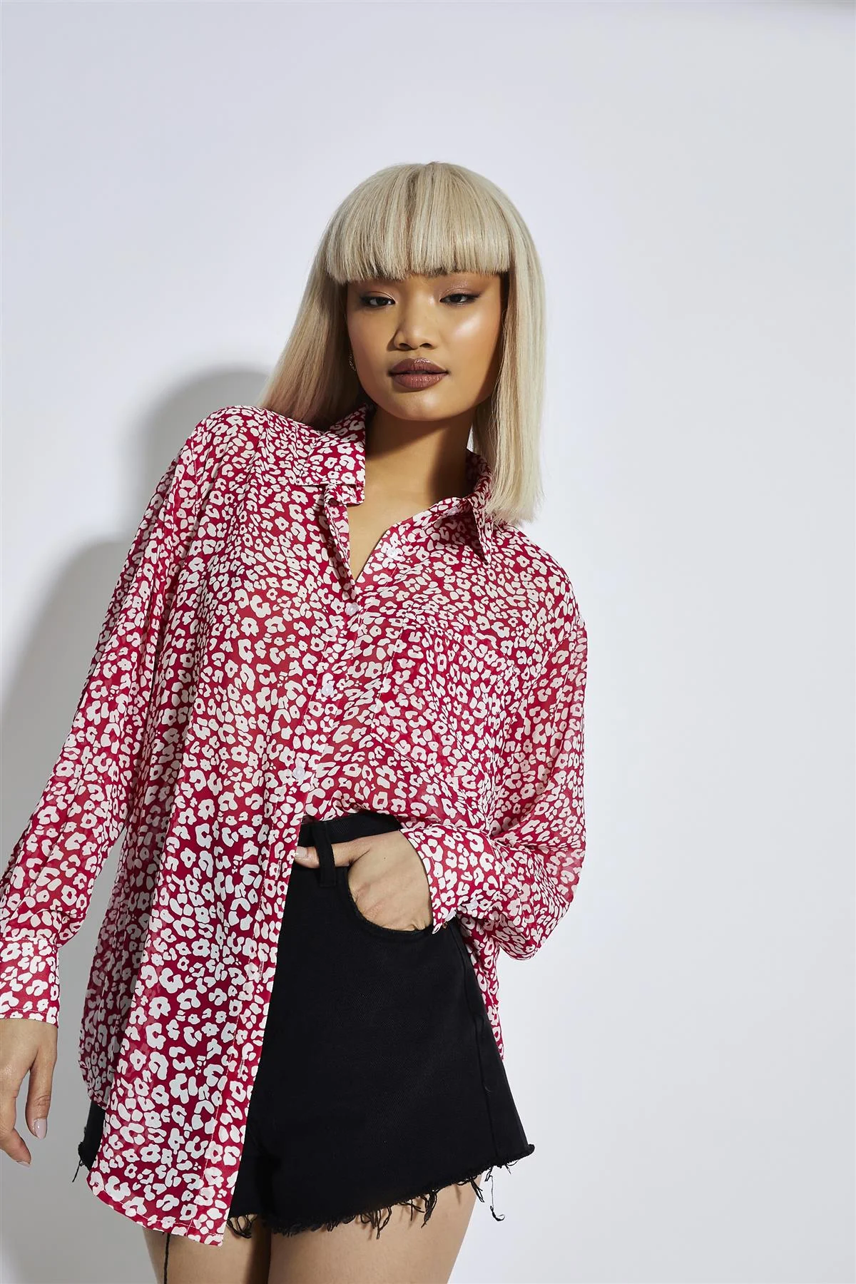Red-Leopard Chiffon Classic-Shirt - Image 3