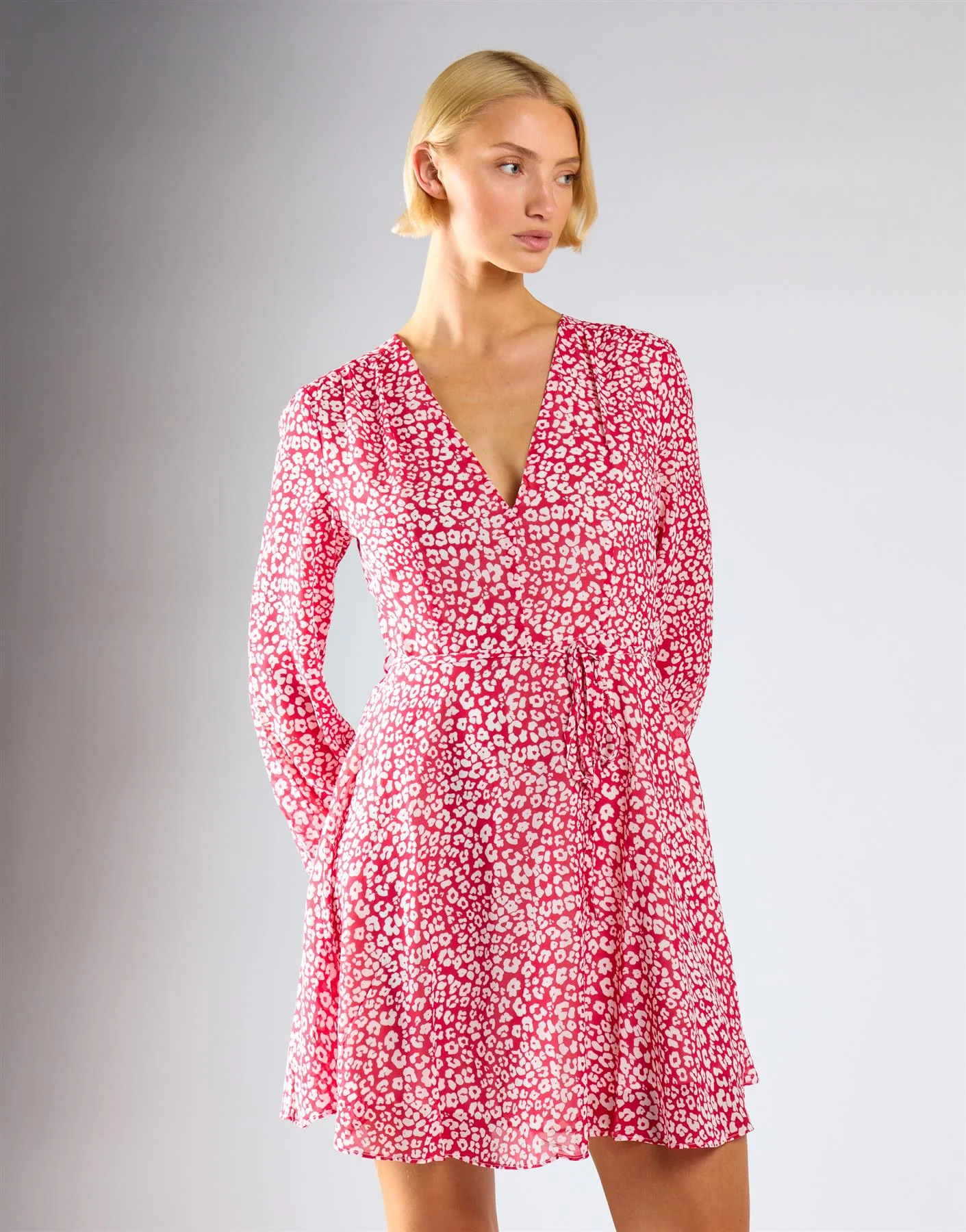 Red Leopard Chiffon V-Neck Tie Waist Mini Dress - Image 2