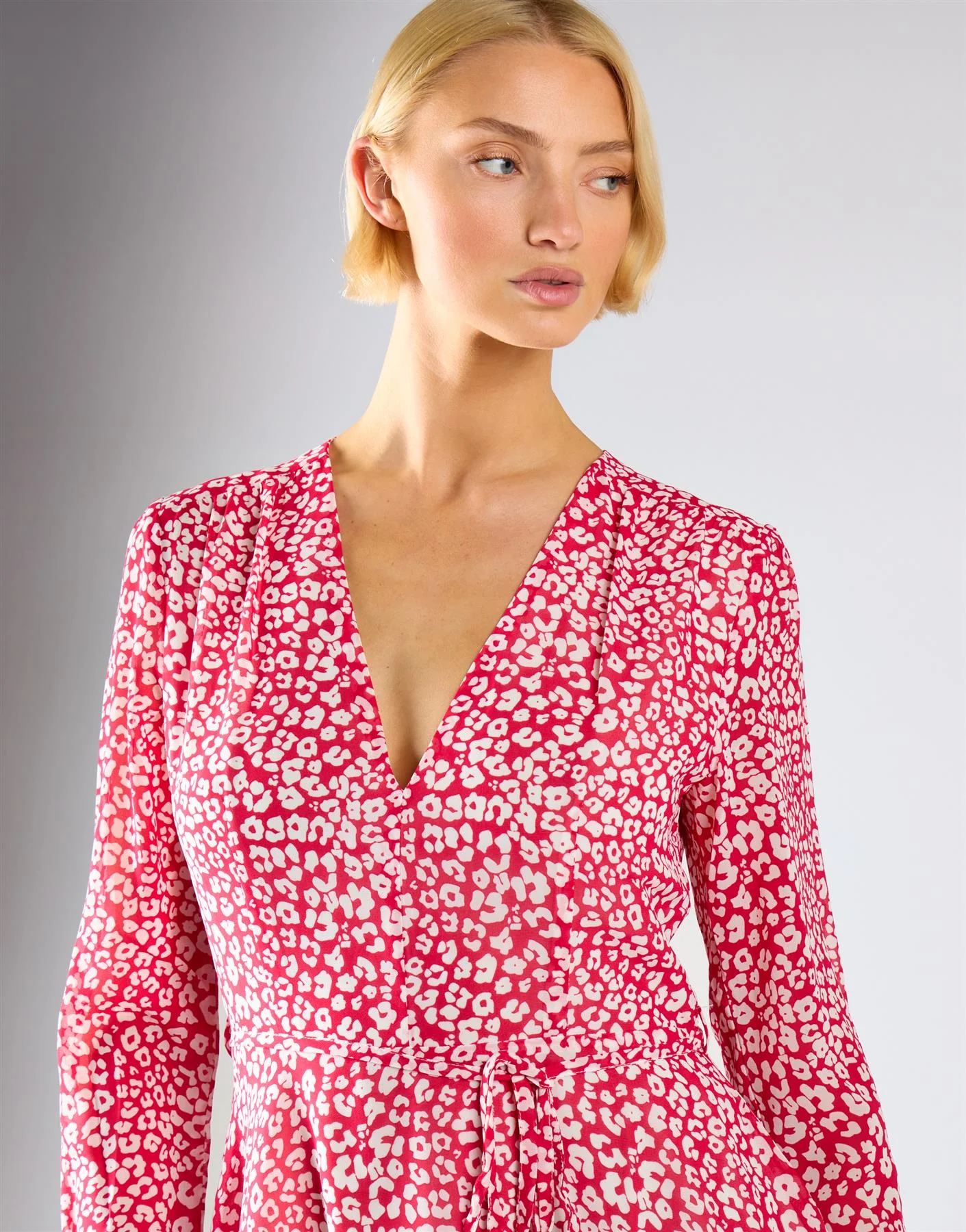 Red Leopard Chiffon V-Neck Tie Waist Mini Dress - Image 3