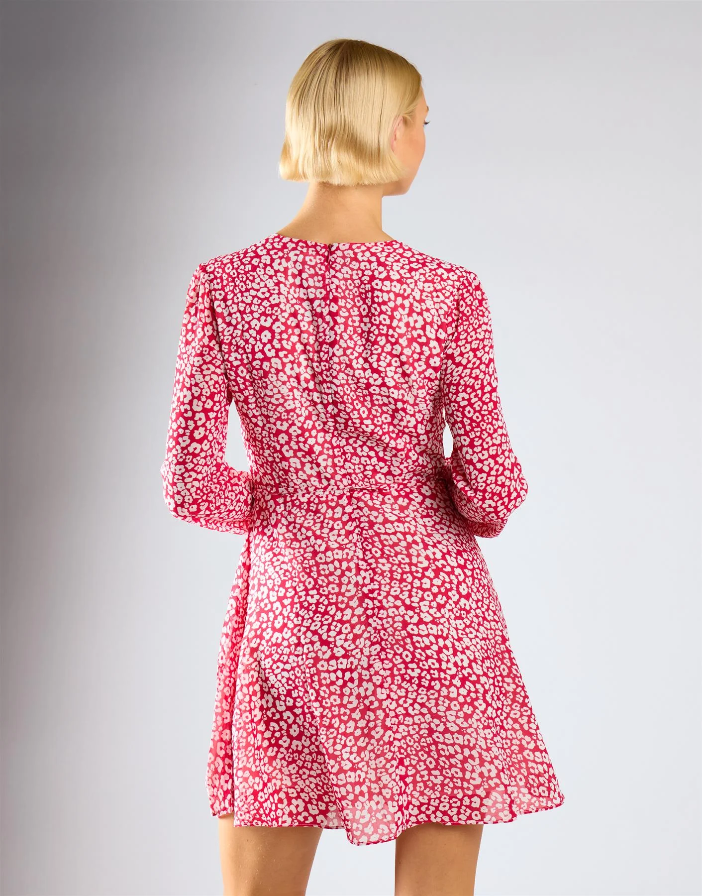 Red Leopard Chiffon V-Neck Tie Waist Mini Dress - Image 4