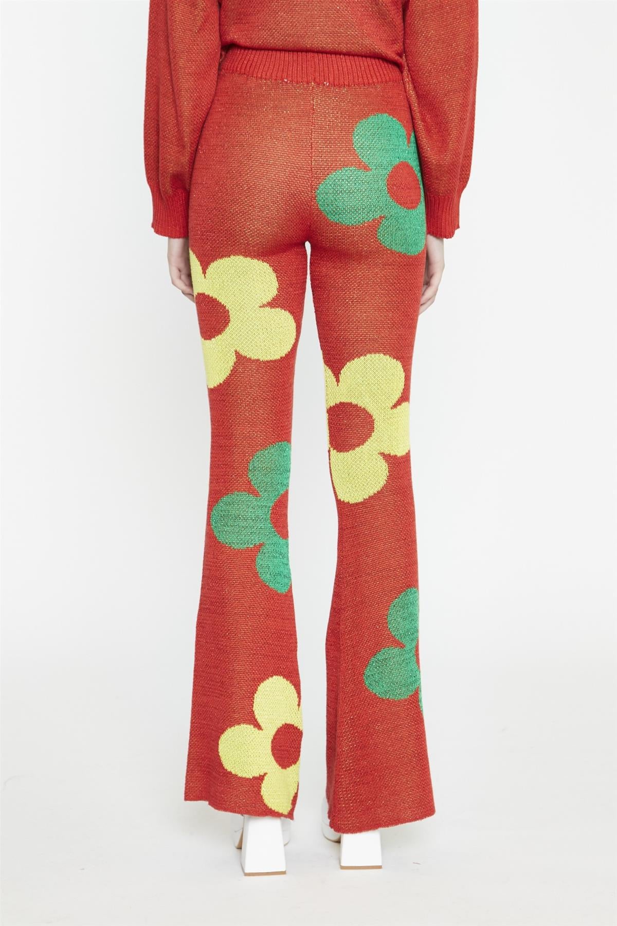 Red-Multi-Glitter Floral-Knit Flared-Leggings - Image 3