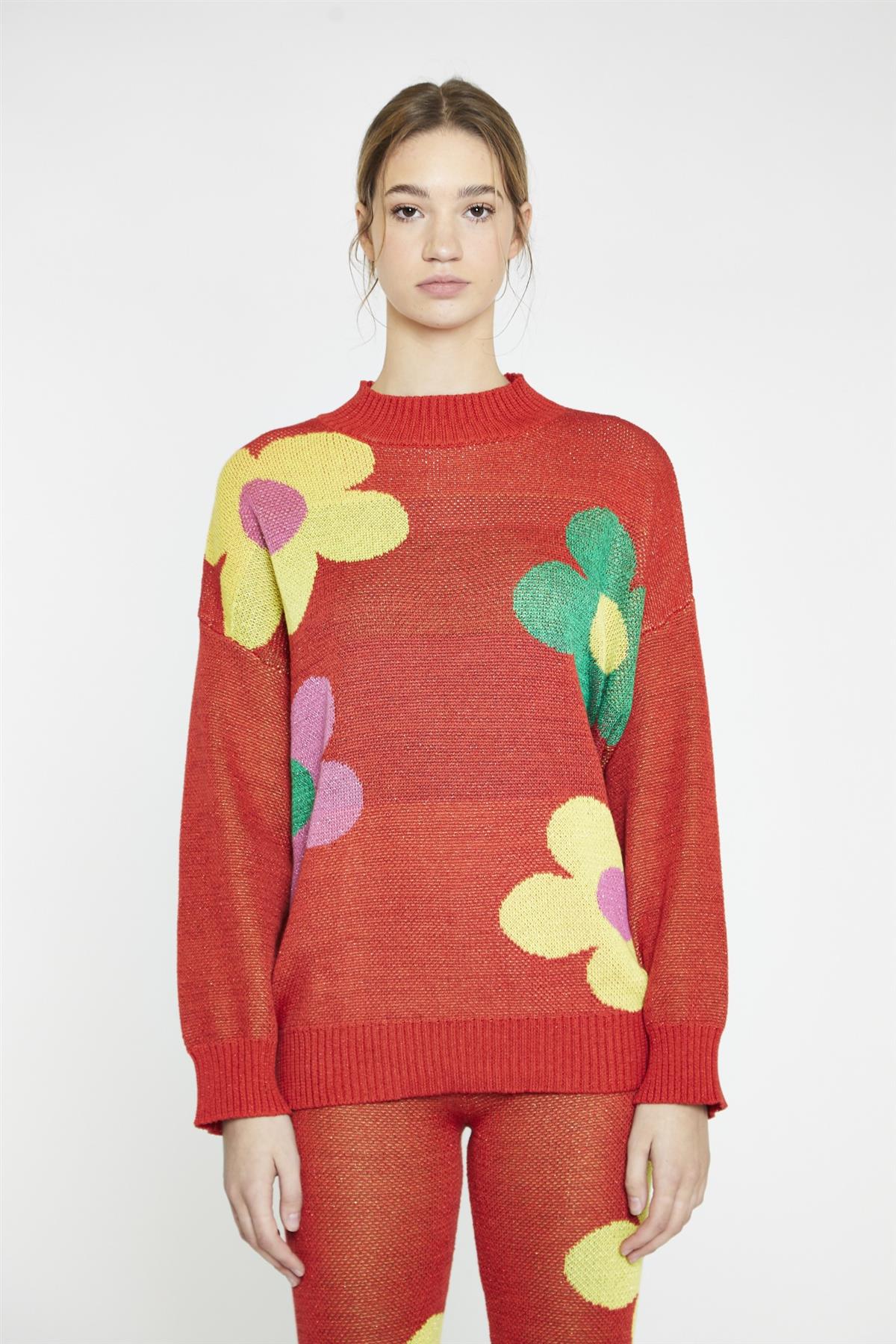 Red Multi Glitter Floral Oversized-Jumper - Image 3