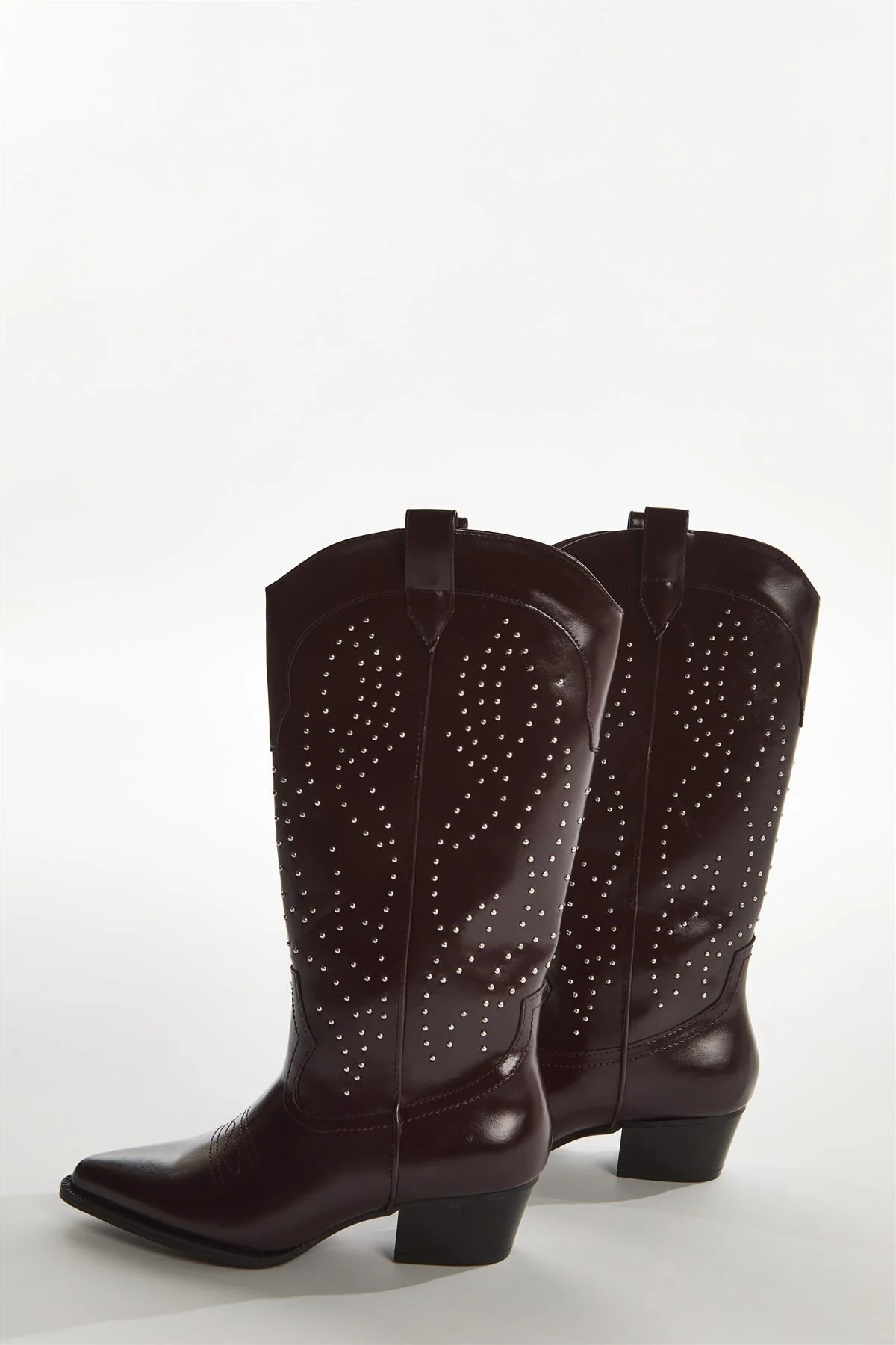 Red-Pu Studded Cowboy Knee-High-Boots - Image 4