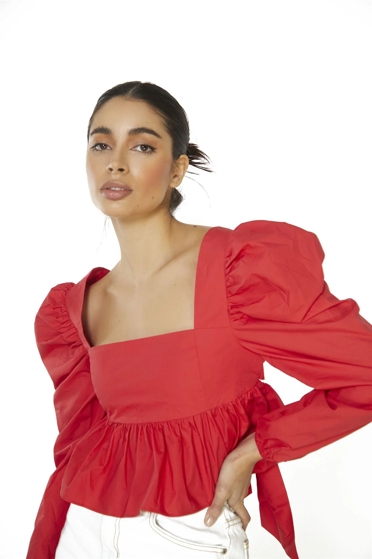 Red Puff Long Sleeve Open Back Top - Image 3