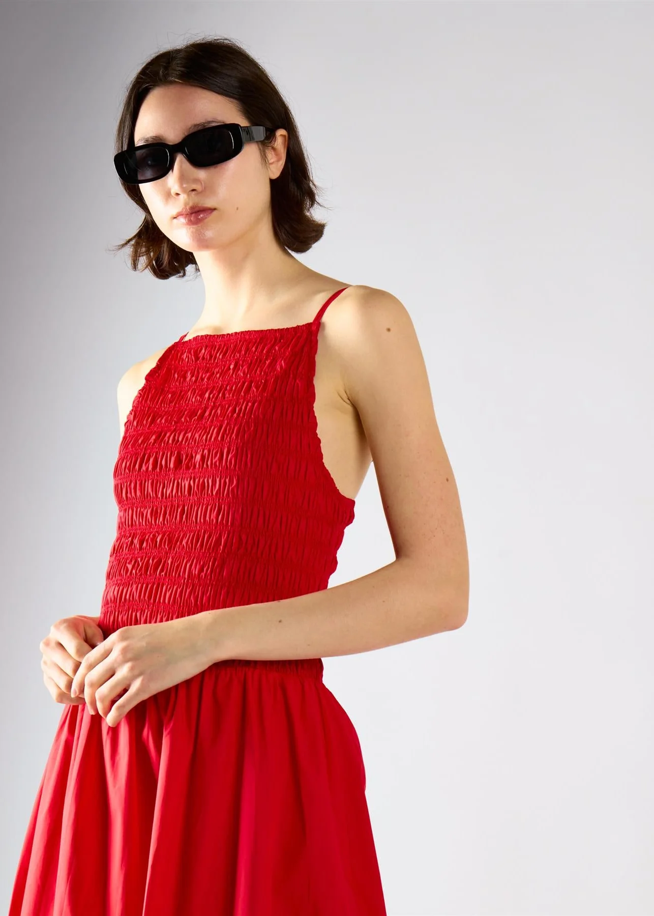 Red Shirring Body Boat Neck Maxi Dress - Image 4