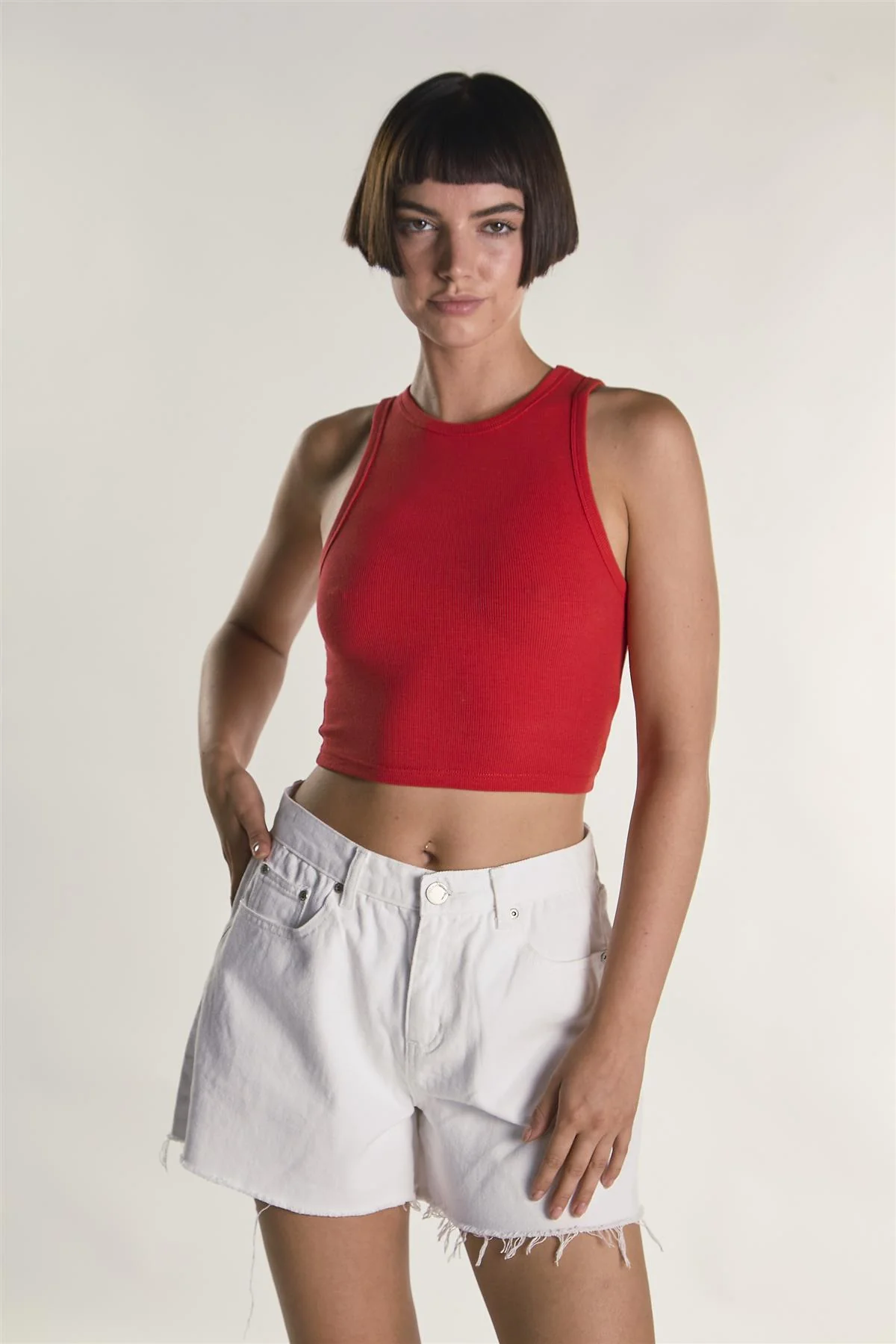 Red Sleeveless Ribbed Racerback Crop-Top - Image 3