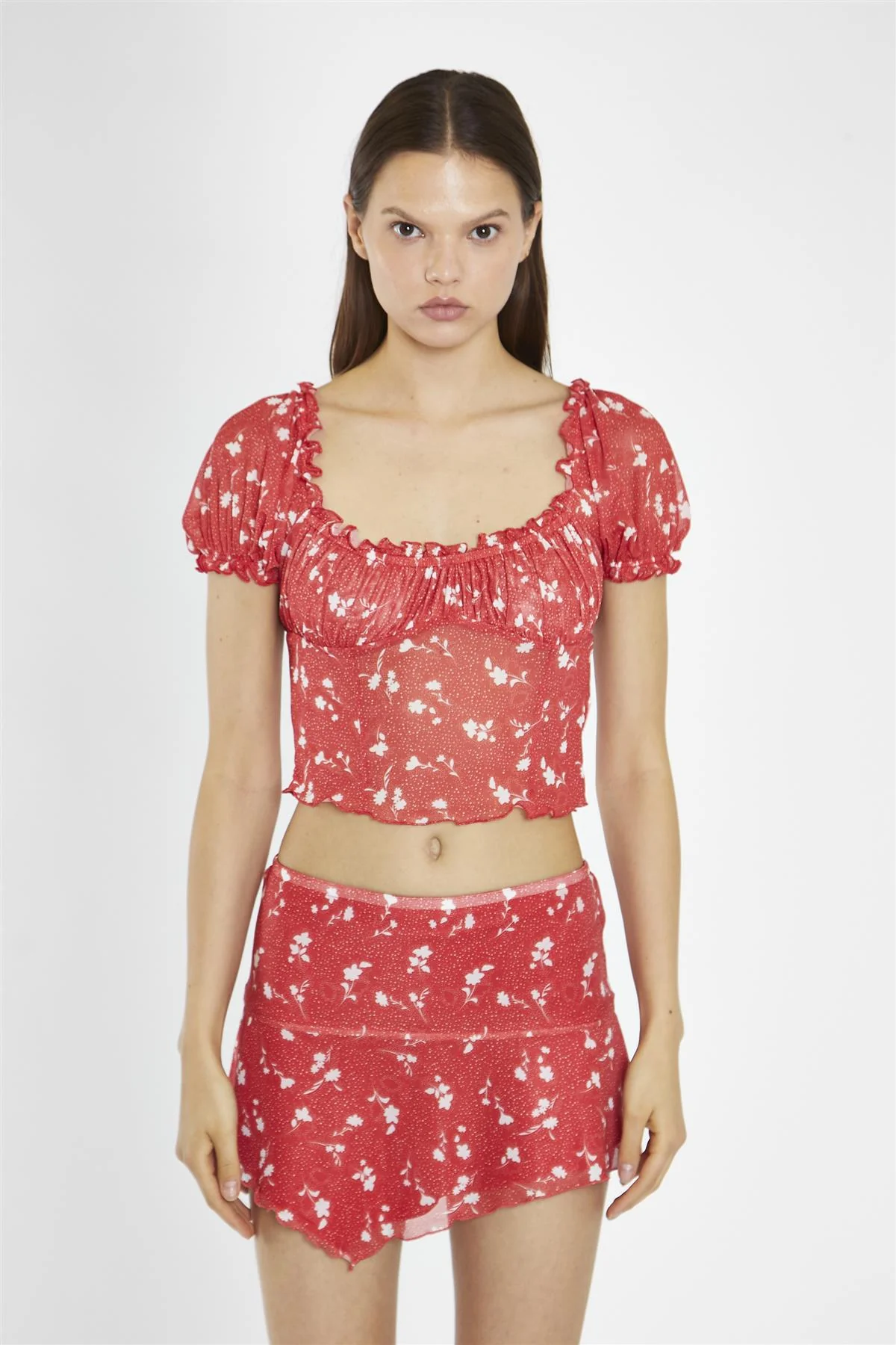 Red Vintage-Floral Milkmaid Crop-Top - Image 3