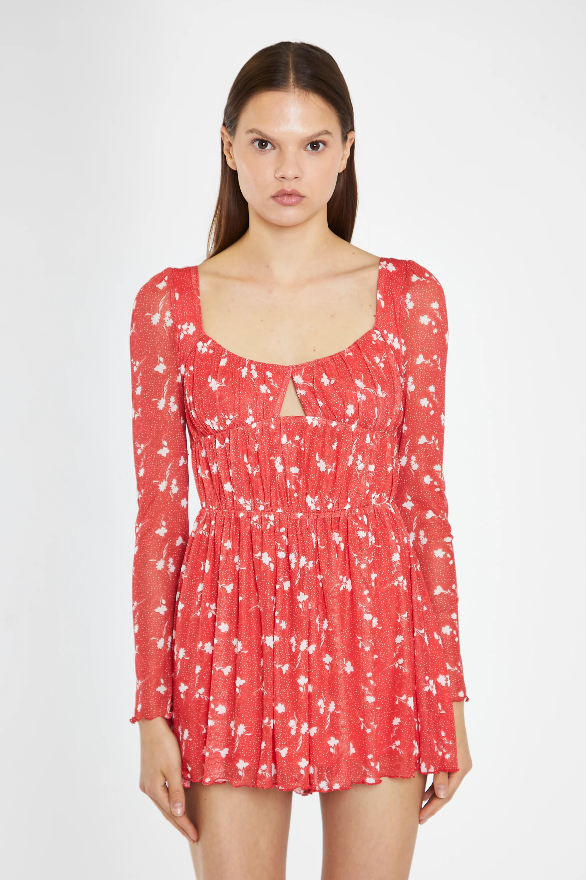 Red Vintage-Floral Ruched Long-Sleeve Playsuit - Image 3
