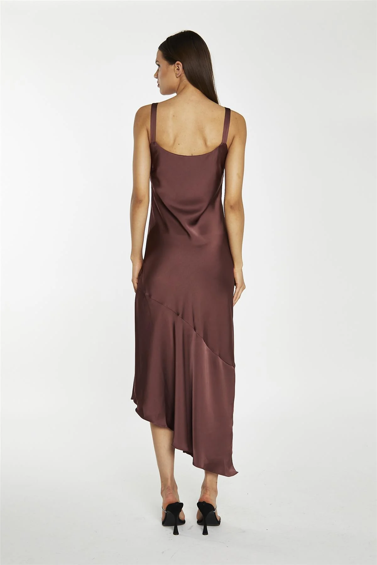 Reddish-Brown Satin Bias-Cut Asymmetric-Dress - Image 2