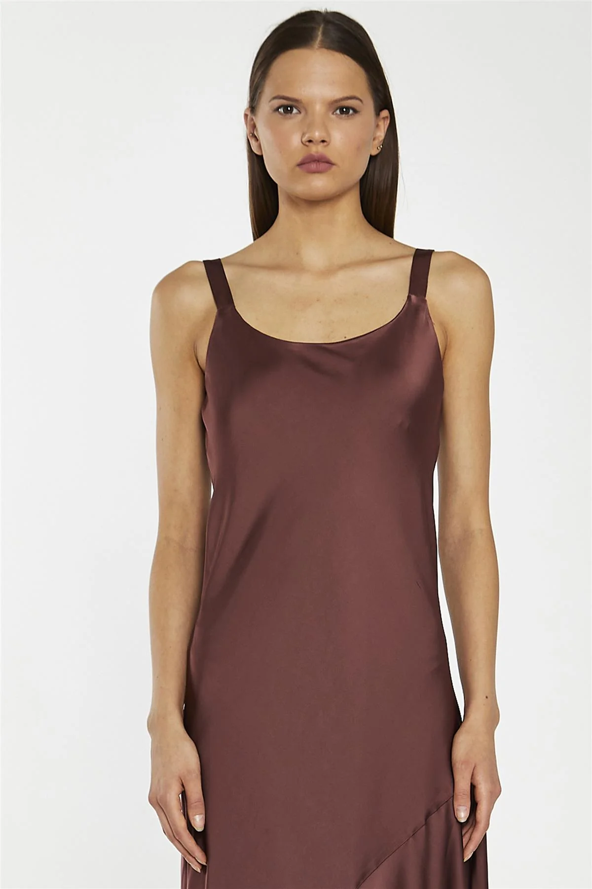 Reddish-Brown Satin Bias-Cut Asymmetric-Dress - Image 3