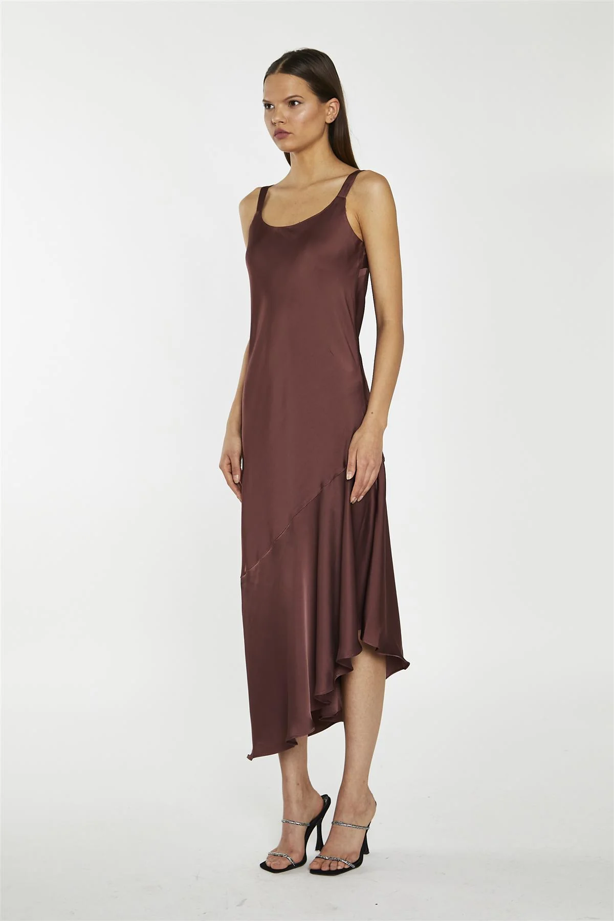 Reddish-Brown Satin Bias-Cut Asymmetric-Dress - Image 4