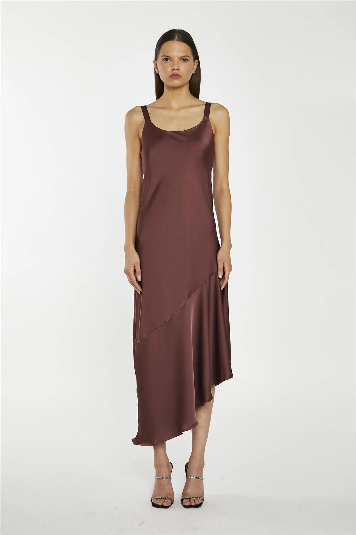 Reddish-Brown Satin Bias-Cut Asymmetric-Dress - Image 5