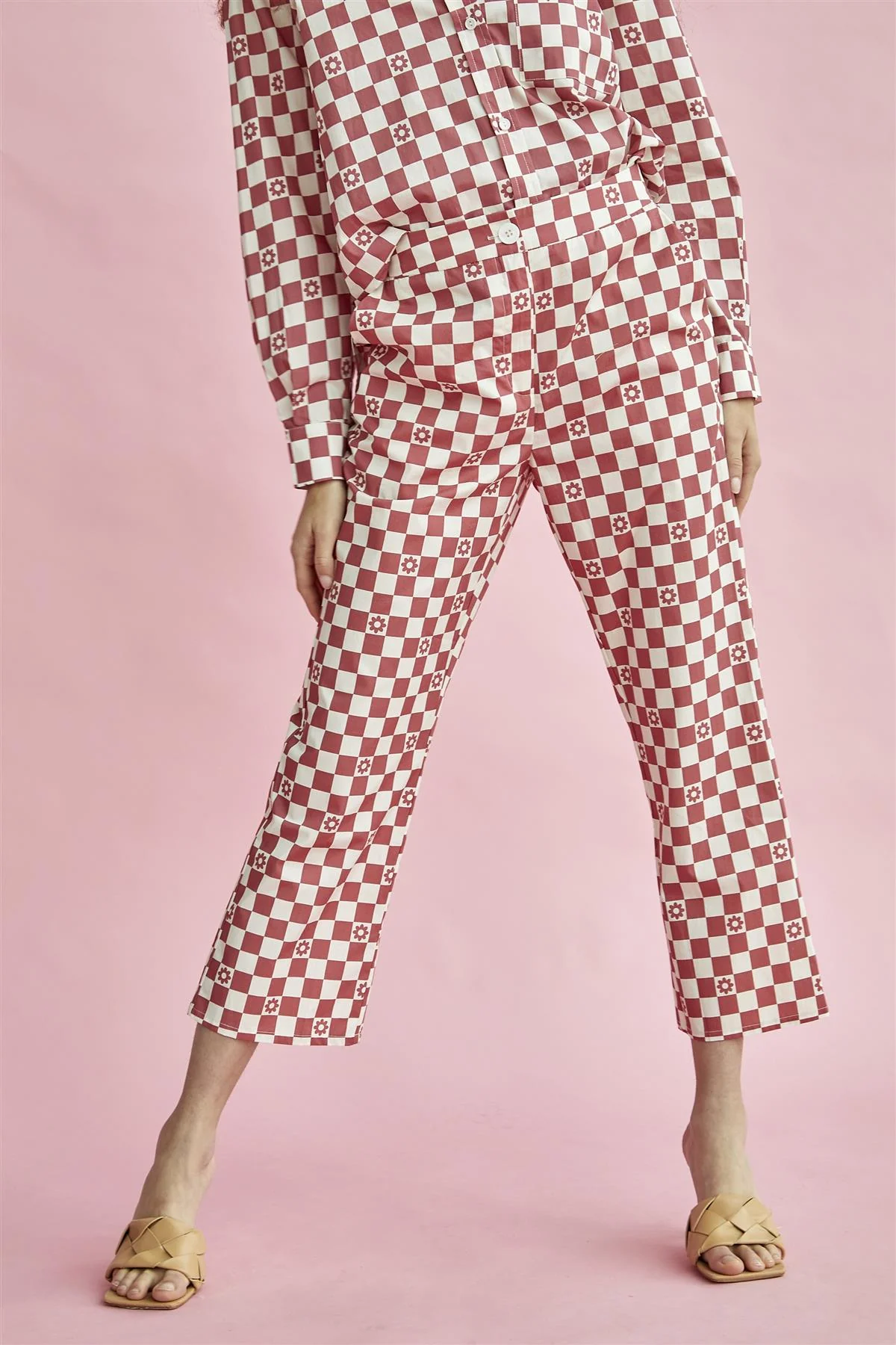 Rose-Checkerboard Flower Cropped-Trousers - Image 3