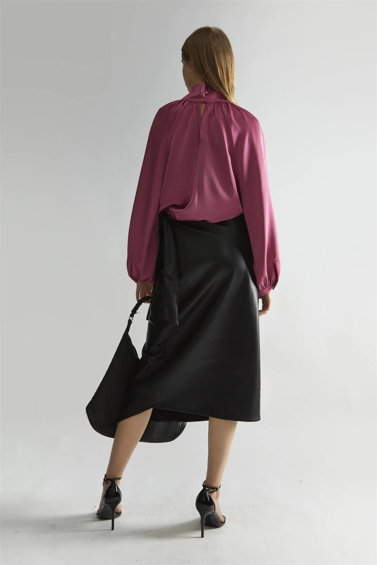 Rose-Pink Satin Twist-Collar Blouse - Image 2