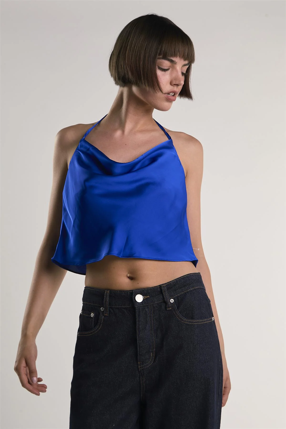 Royal-Blue-Sateen Halter Crop-Top - Image 3