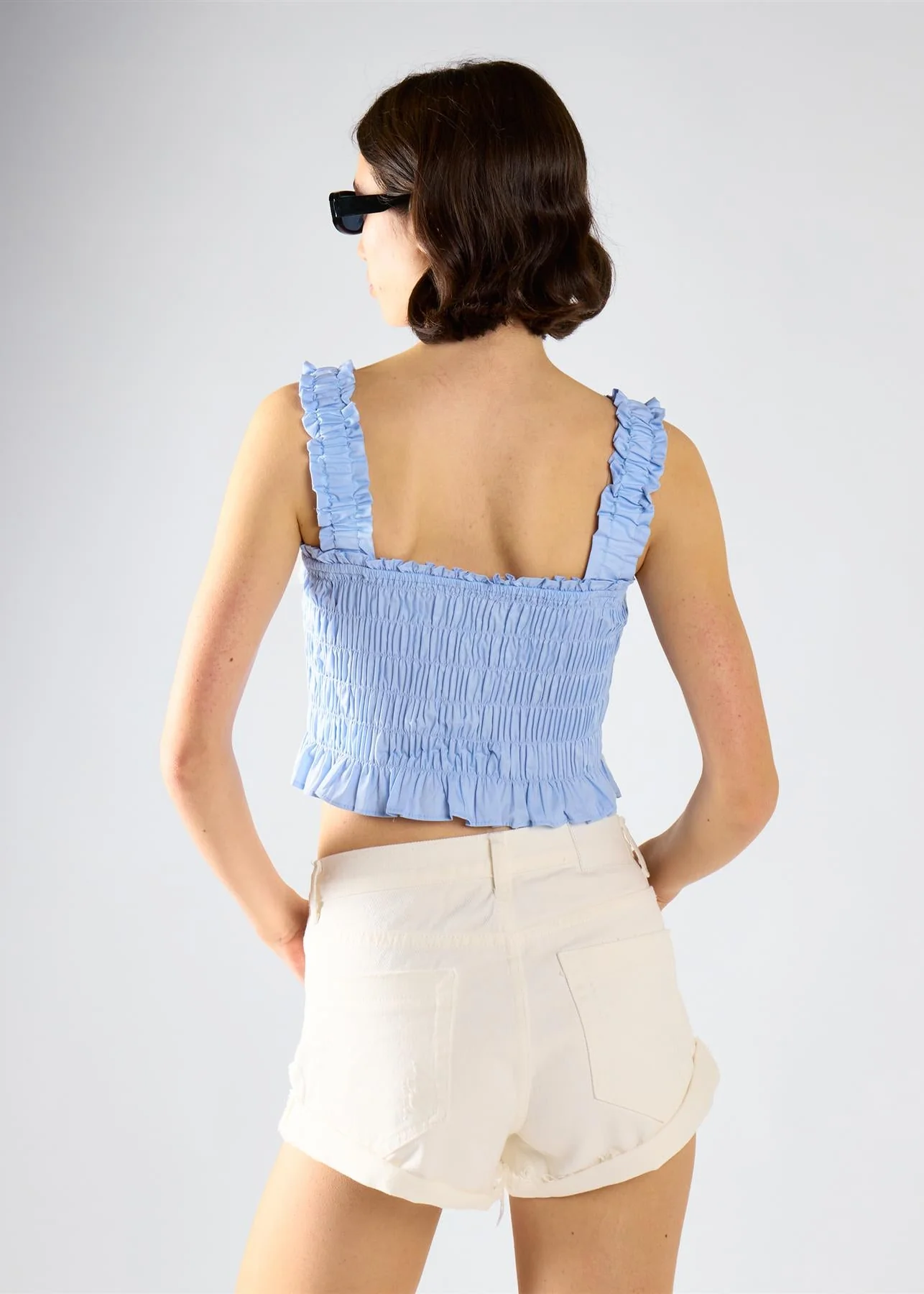 Ruched Frill Crop Top - Light Blue - Image 2