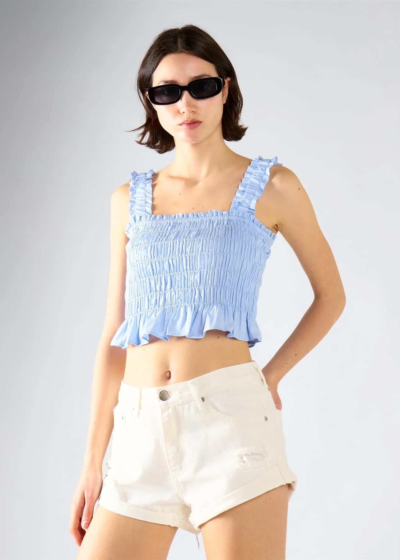 Ruched Frill Crop Top - Light Blue - Image 3
