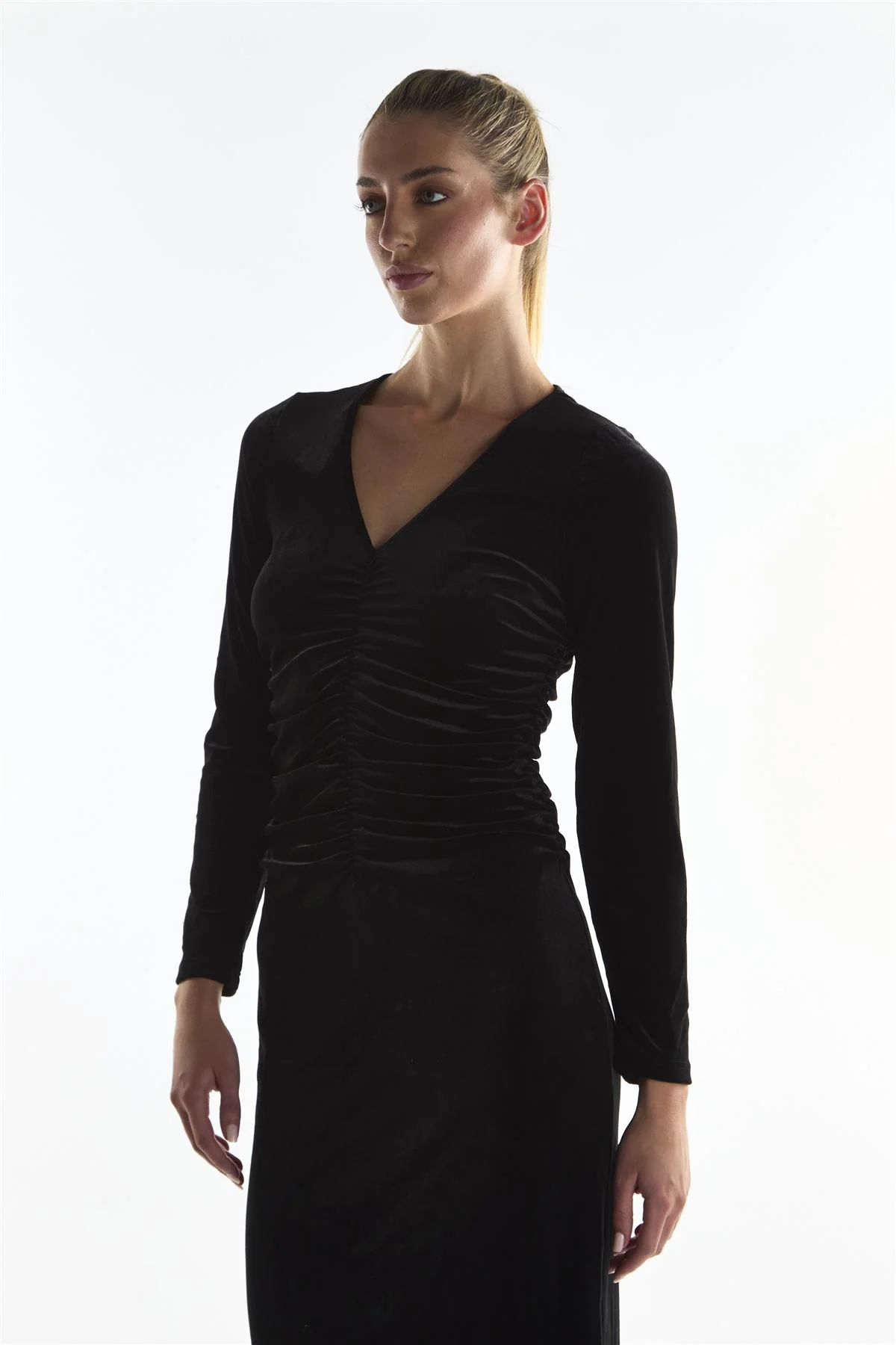 Ruched Front Maxi Dress - Black Velvet - Image 3