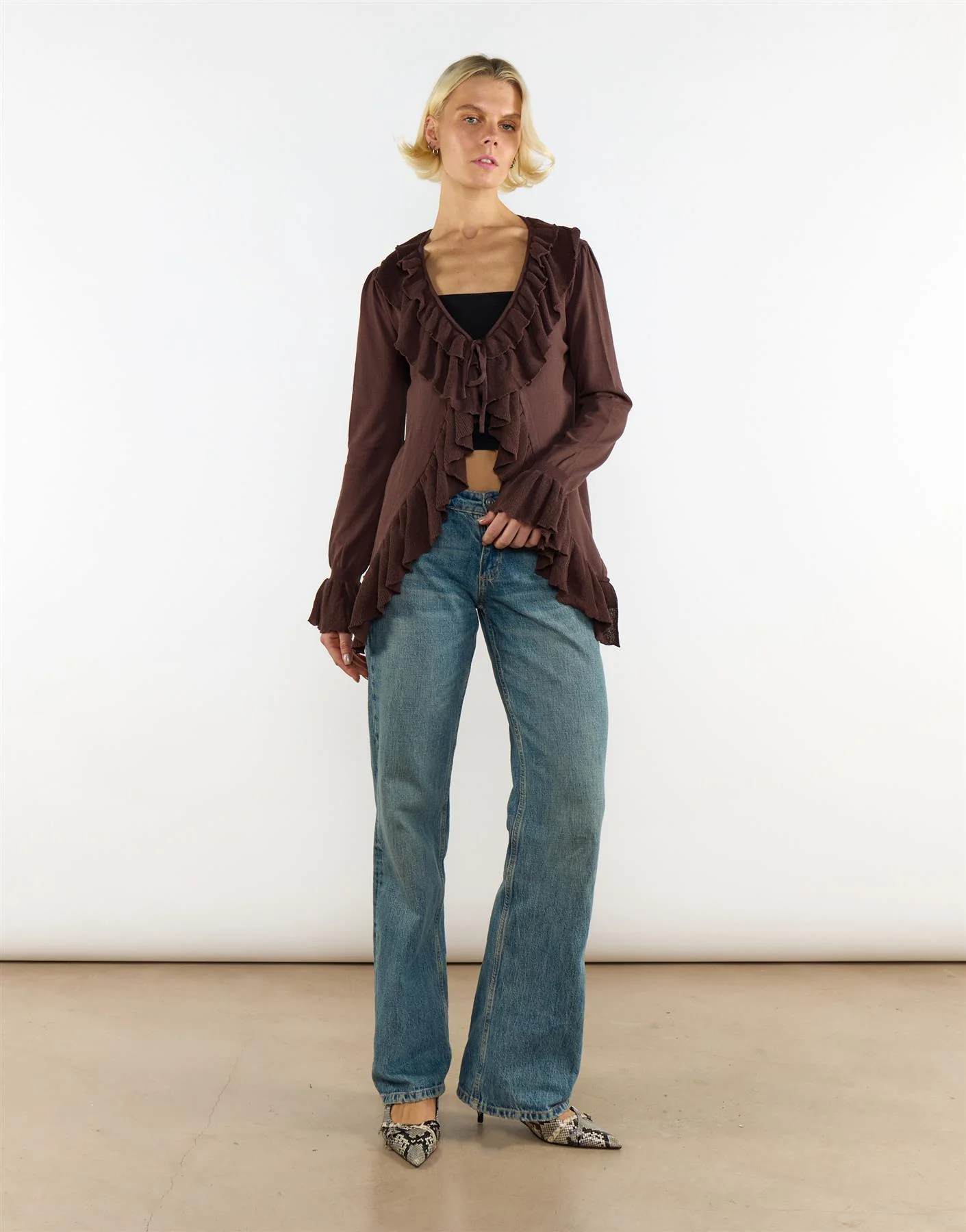 Ruffle Tie Front Top In Brown