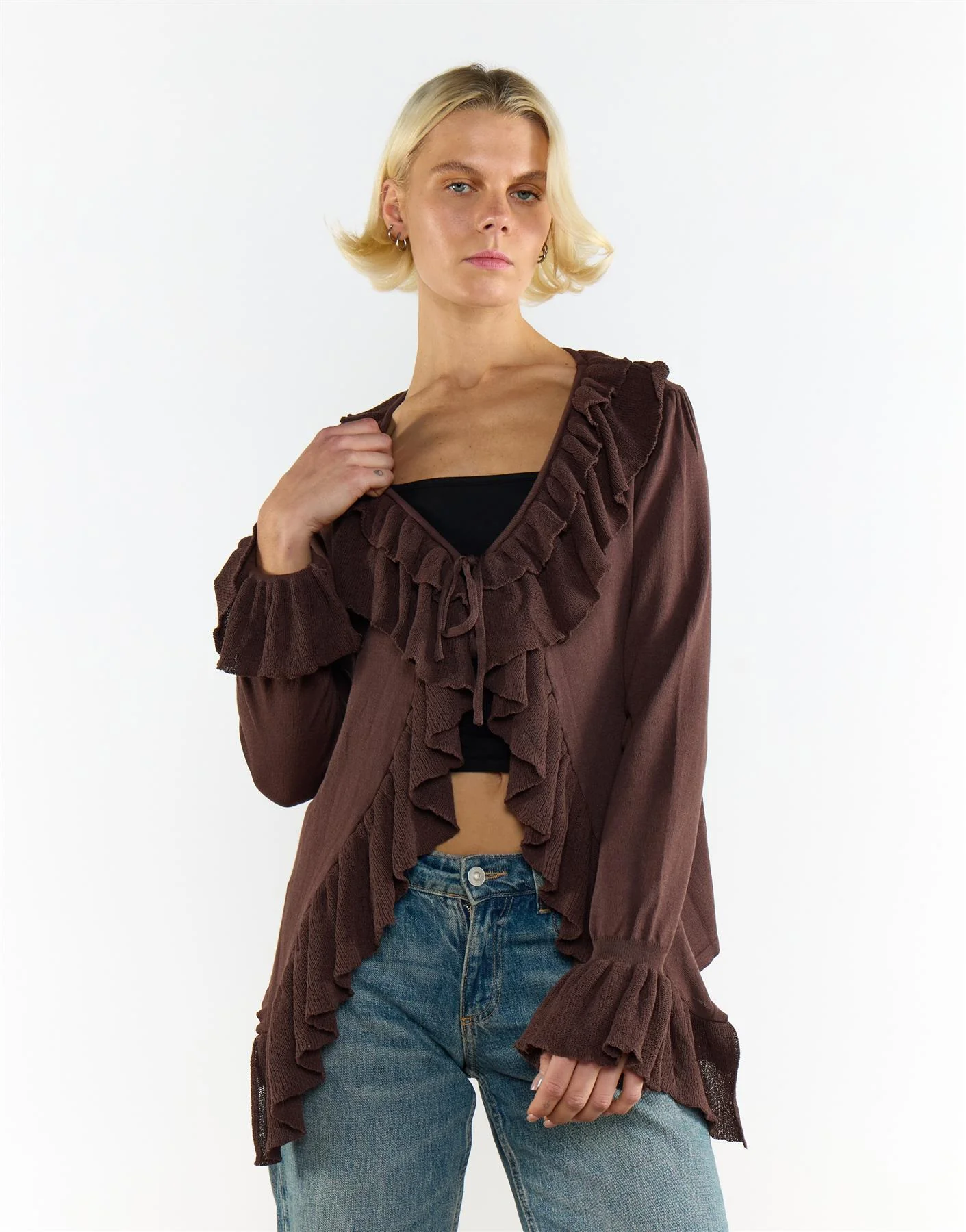 Ruffle Tie Front Top In Brown - Image 3