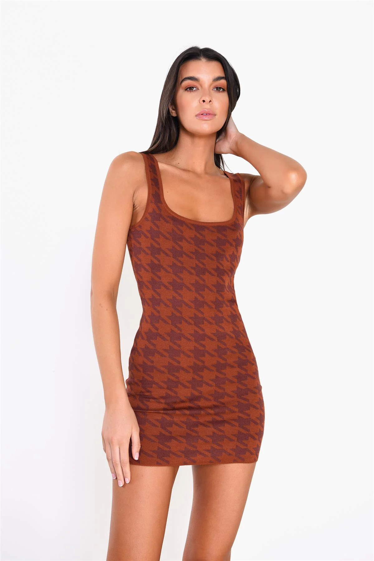 Rust Check Houndstooth Print Mini Dress - Image 3