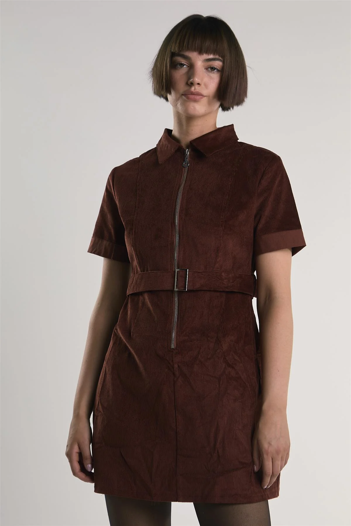 Rust-Corduroy Half-Sleeve Mini-Dress - Image 3