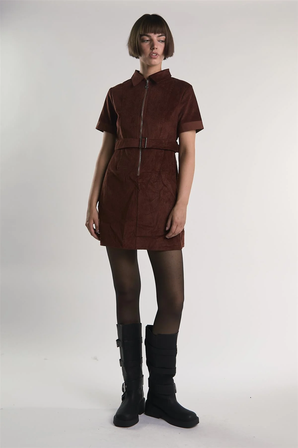 Rust-Corduroy Half-Sleeve Mini-Dress - Image 5