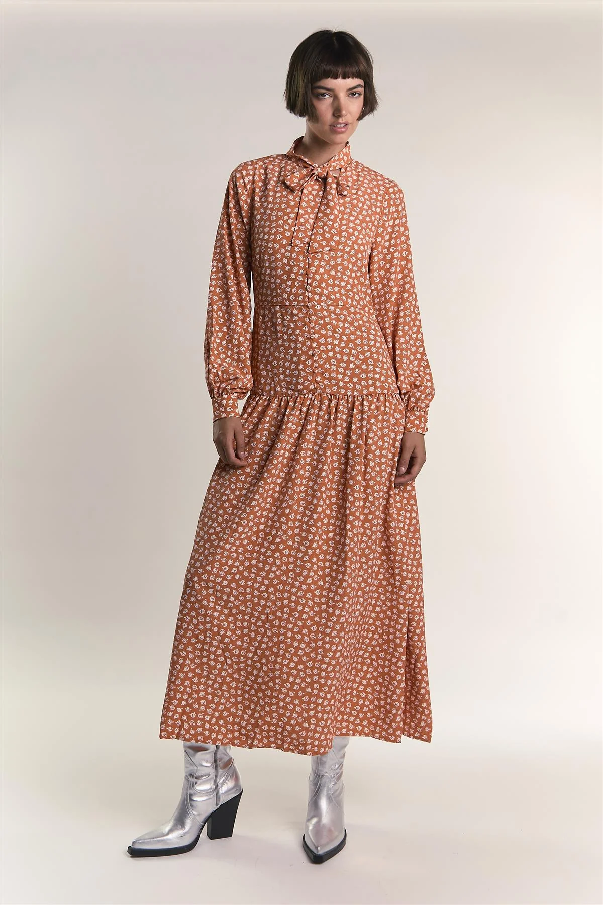 Rust Ditsy Tie Neck Long Sleeve Midaxi Dress - Image 3