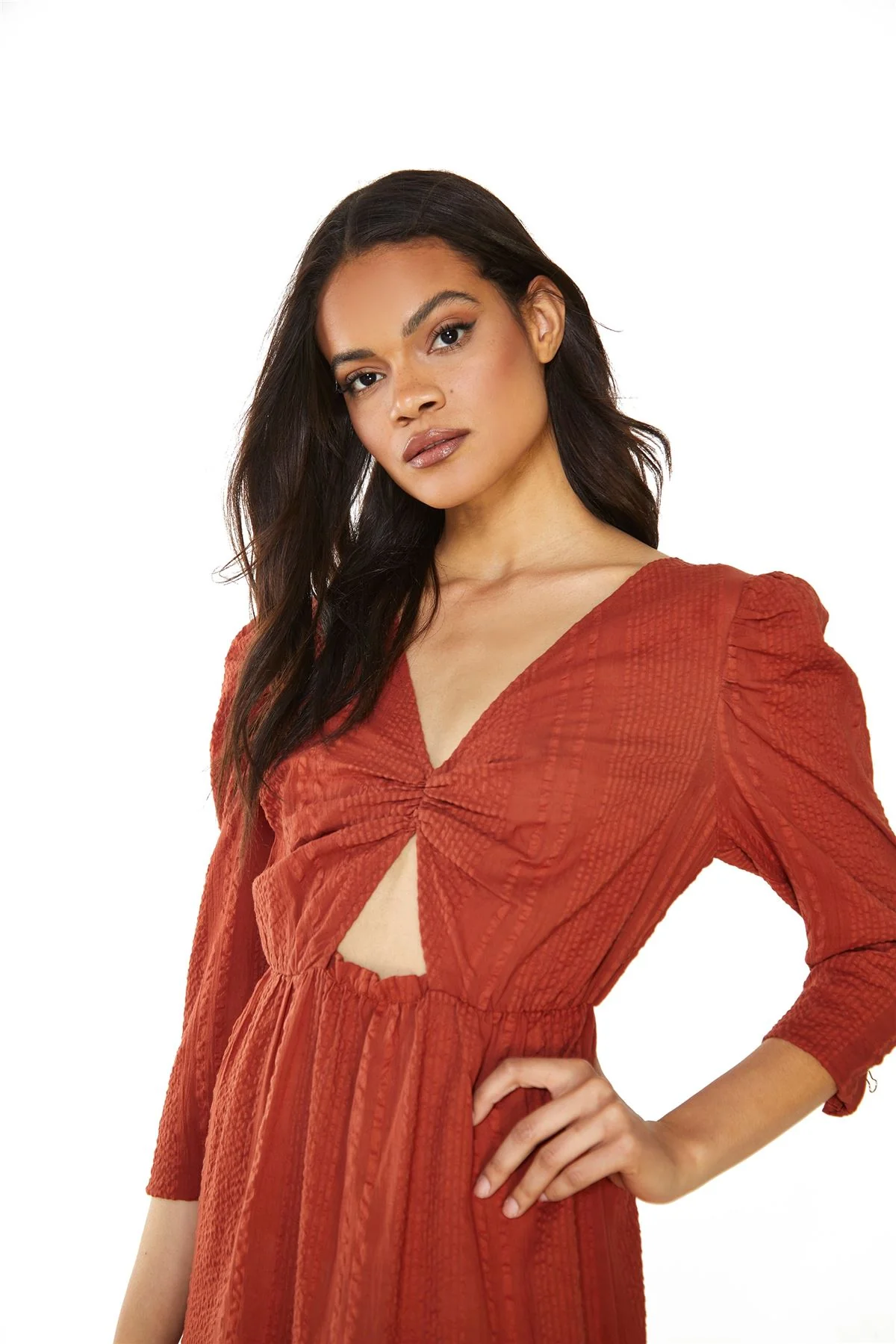 Rust Long Sleeve Midi Dress - Image 3