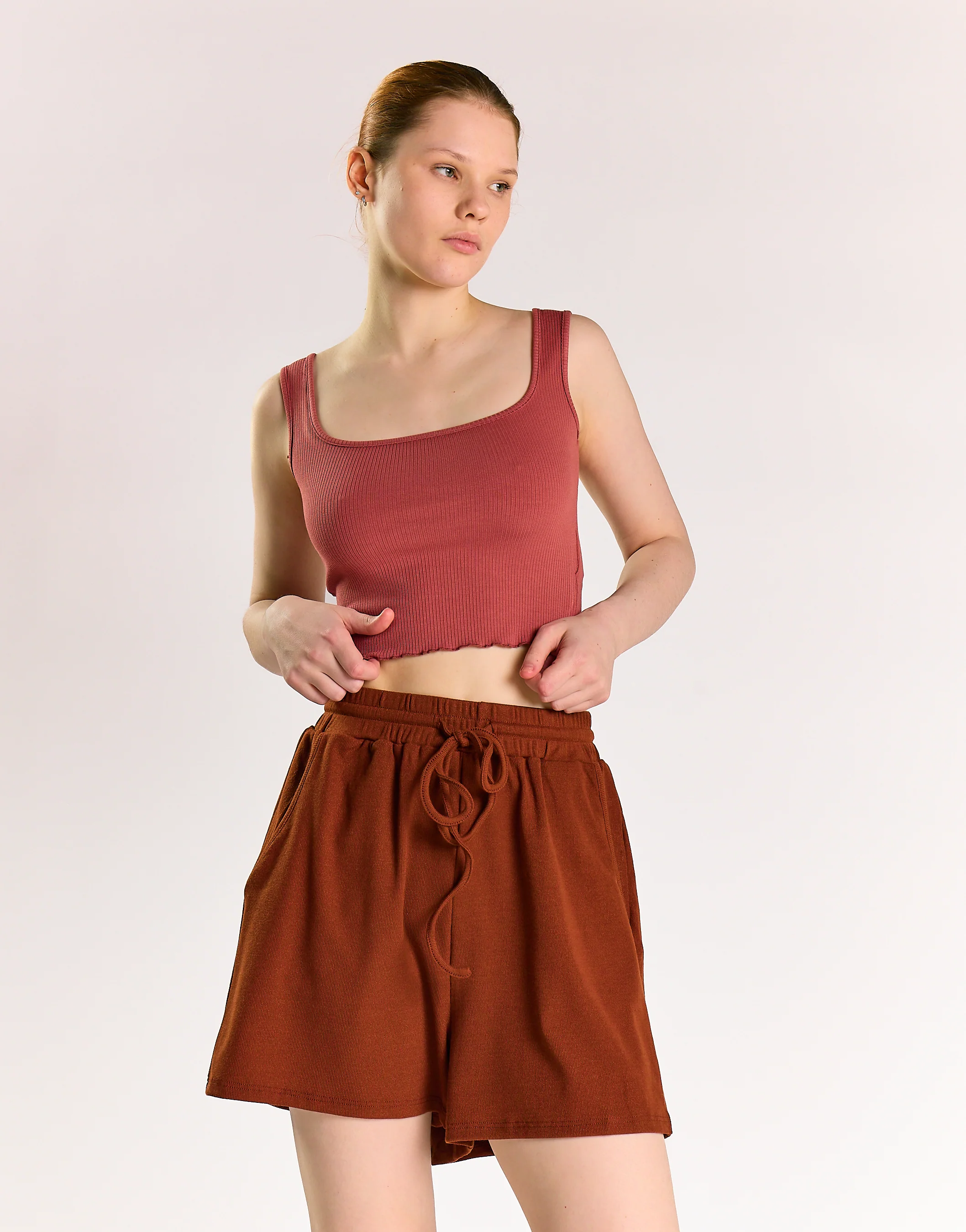 Rustic Brown High Waisted Loungewear Shorts - Image 4