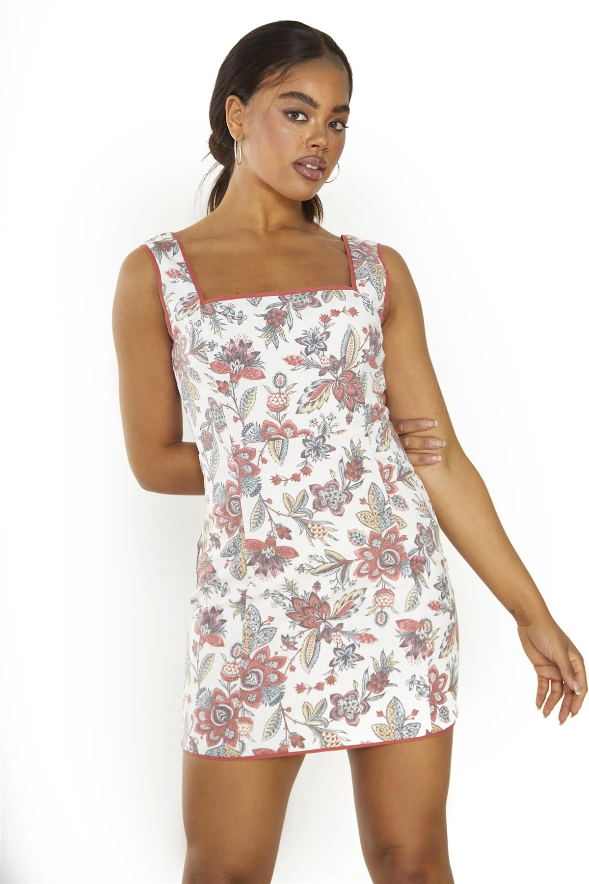 Rustic Floral Rib Square Neck Mini-Dress - Image 3