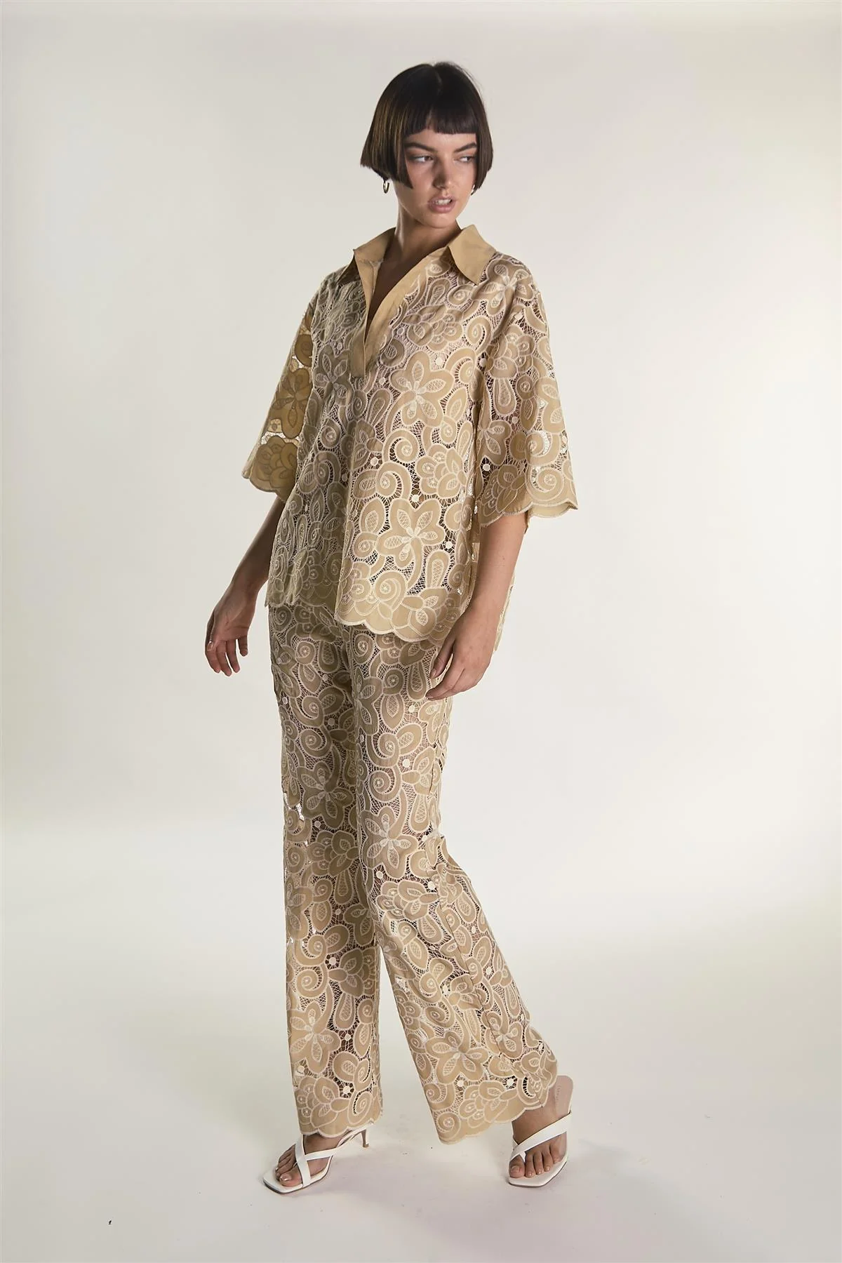 Sand Embroidered High Waisted Flared Trousers