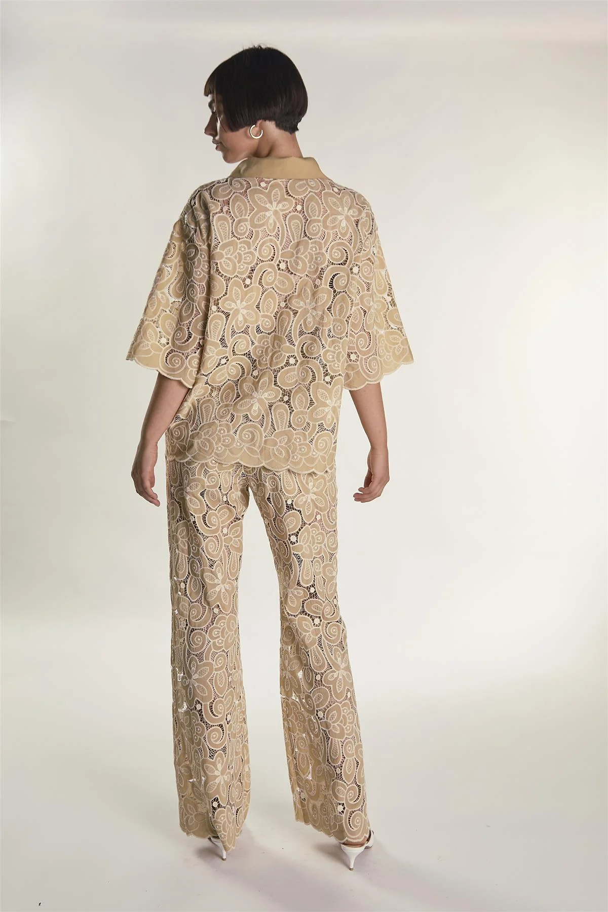 Sand Embroidered High Waisted Flared Trousers - Image 2