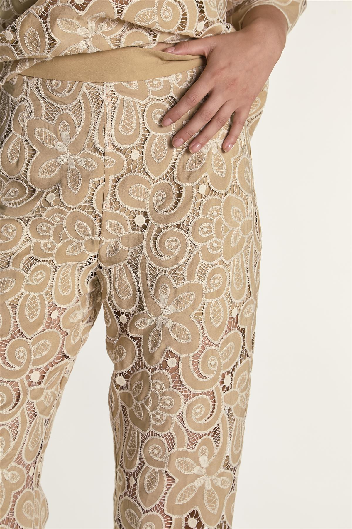 Sand Embroidered High Waisted Flared Trousers - Image 3