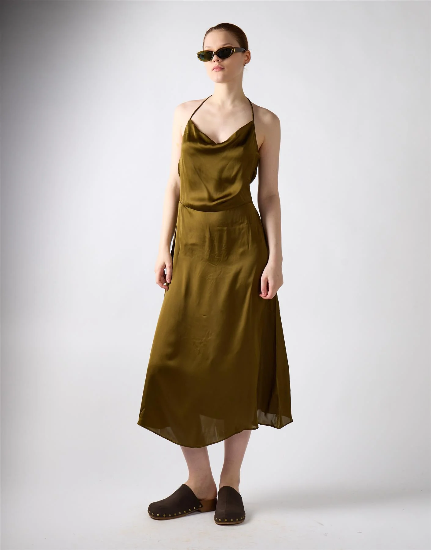 Khaki Satin Cowl Neck Midi Dress