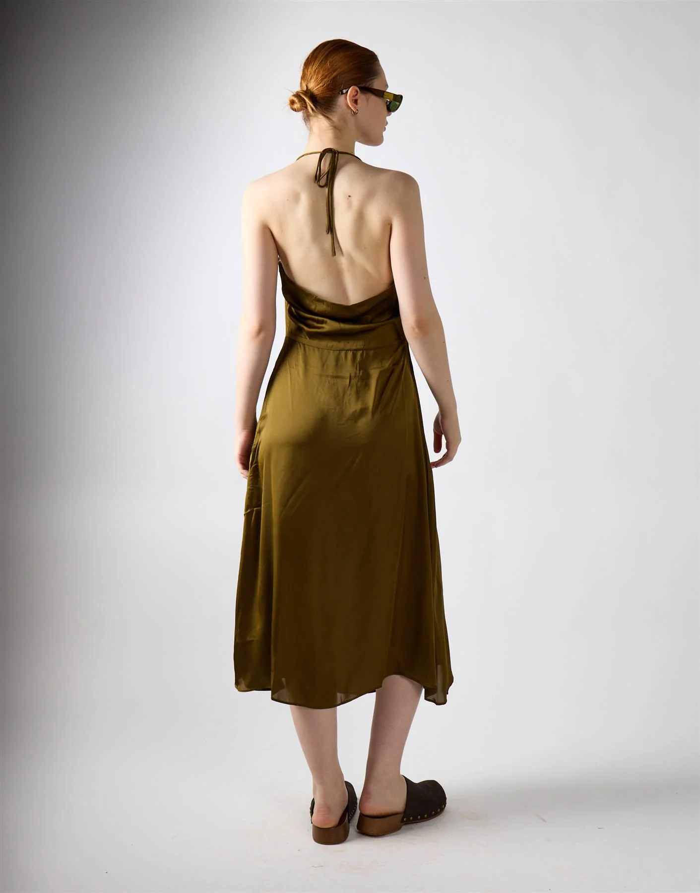 Khaki Satin Cowl Neck Midi Dress - Image 2