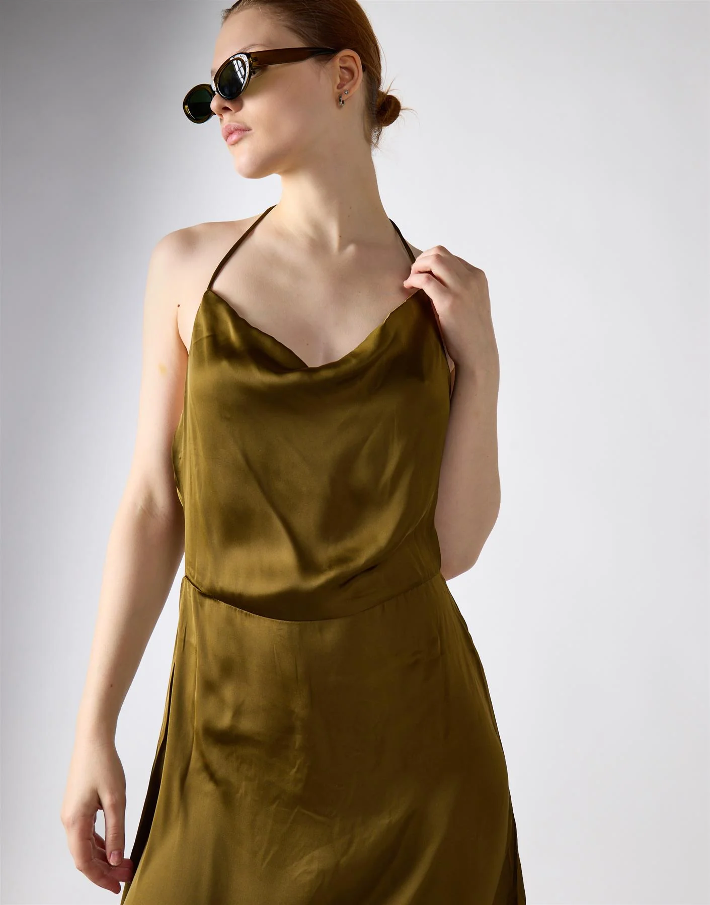 Khaki Satin Cowl Neck Midi Dress - Image 3