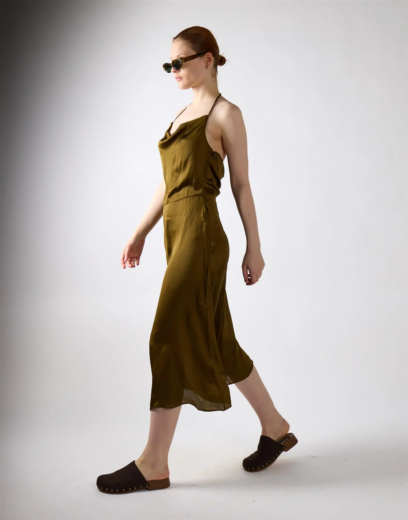 Khaki Satin Cowl Neck Midi Dress - Image 4