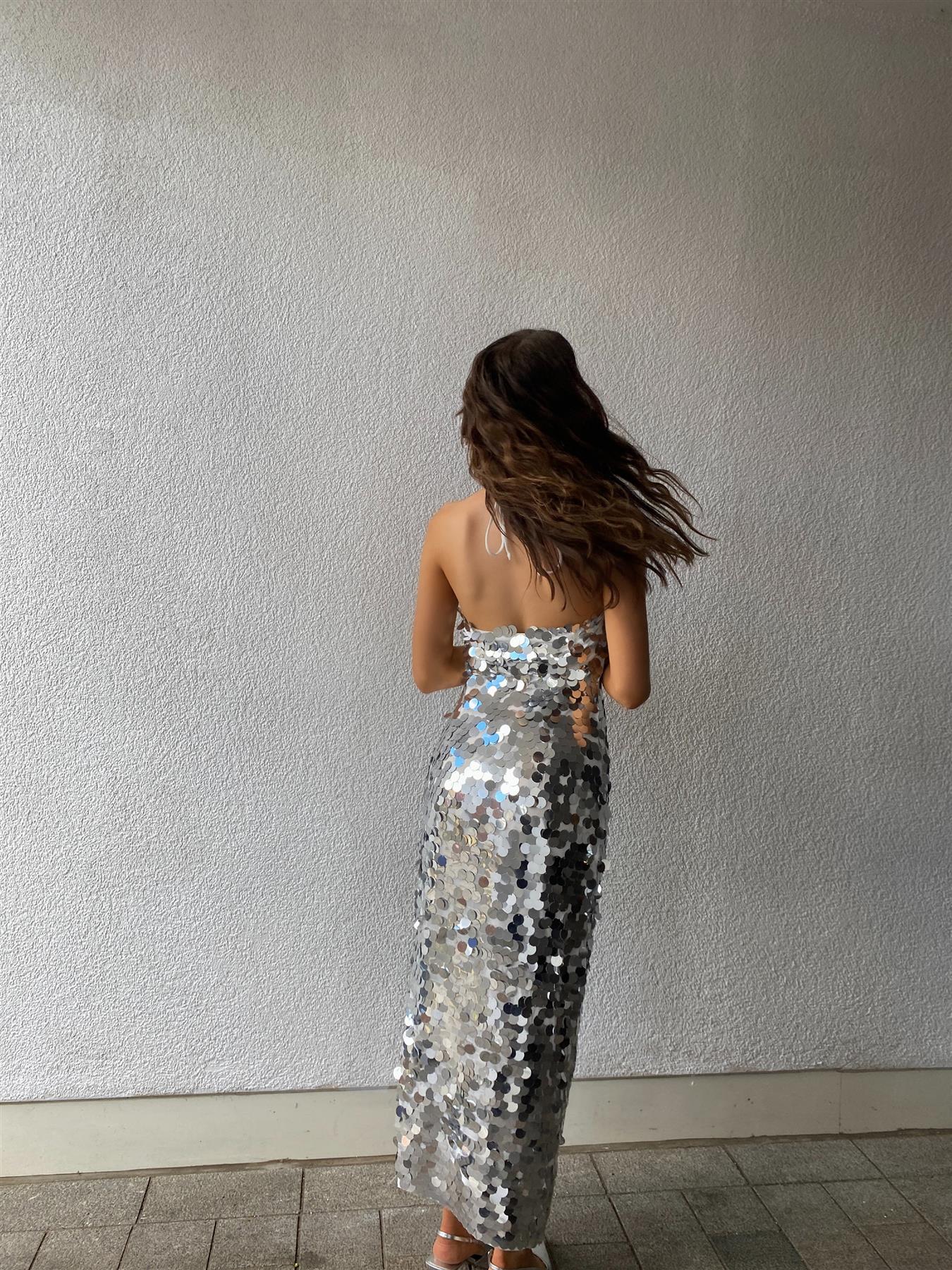 Selena Halterneck Sequin Maxi Dress -Silver - Image 2