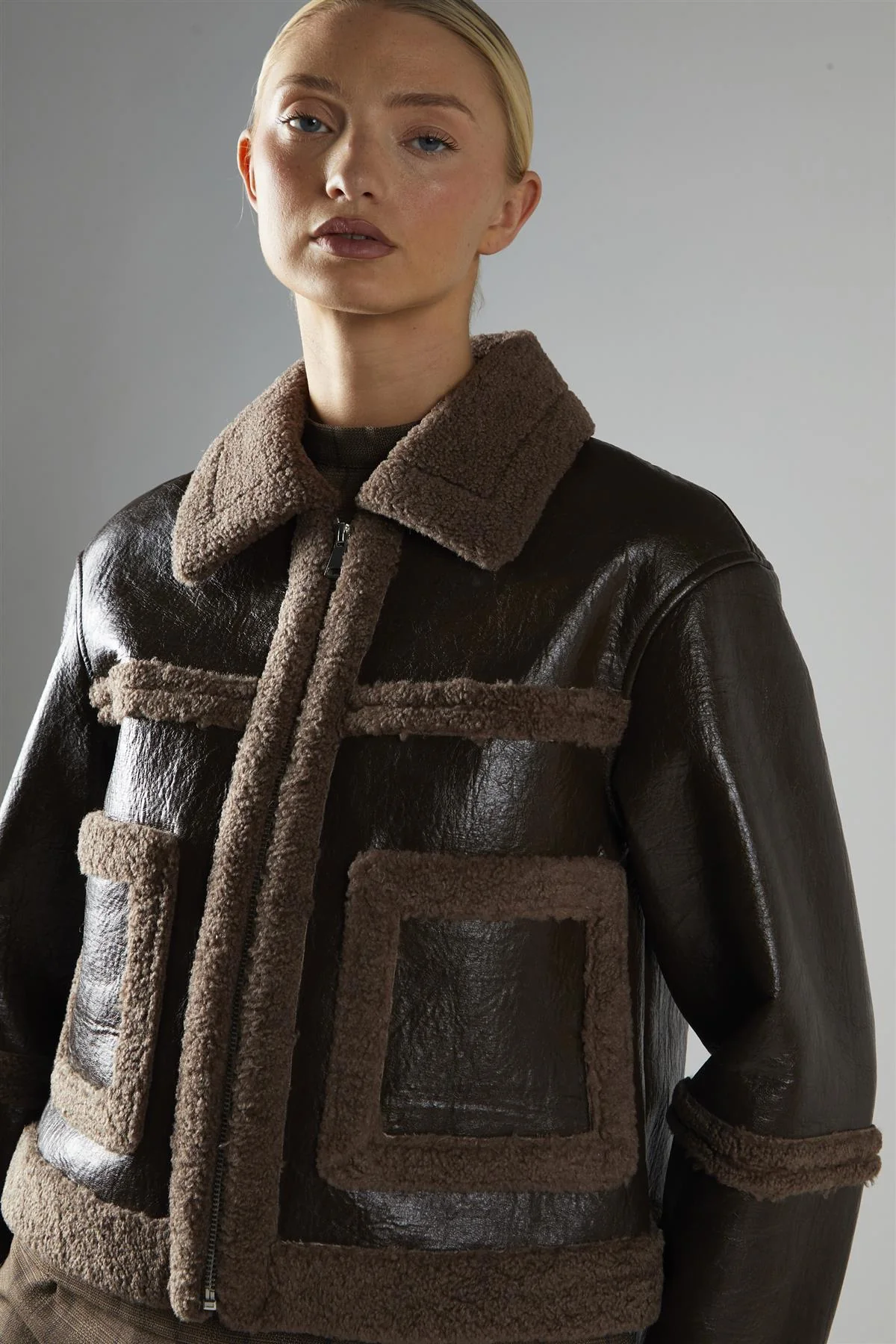 Shearling Crop Coat - Dark Brown - Image 2