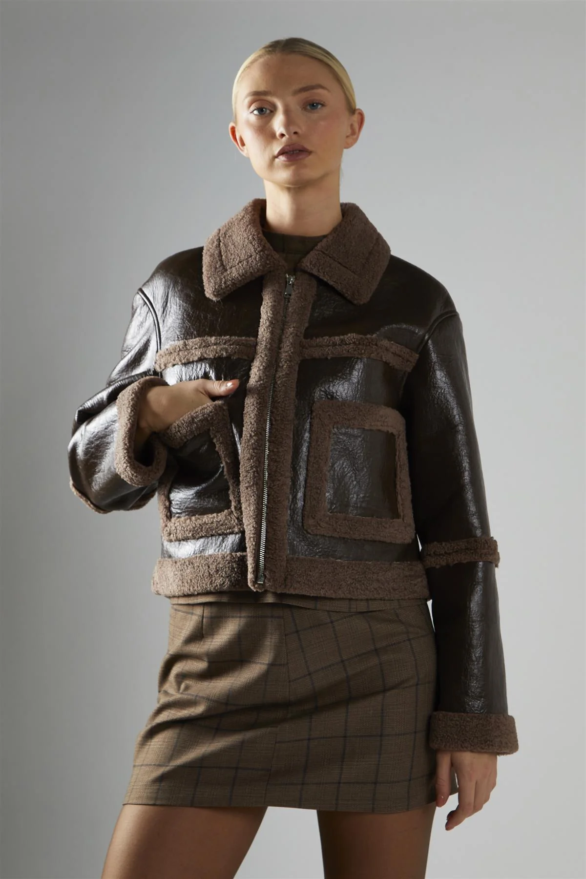 Shearling Crop Coat - Dark Brown - Image 3
