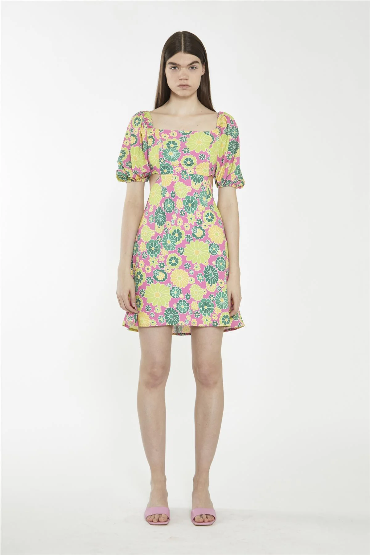Shift Square Neck Short Dress - Pink Multi 60S Flower