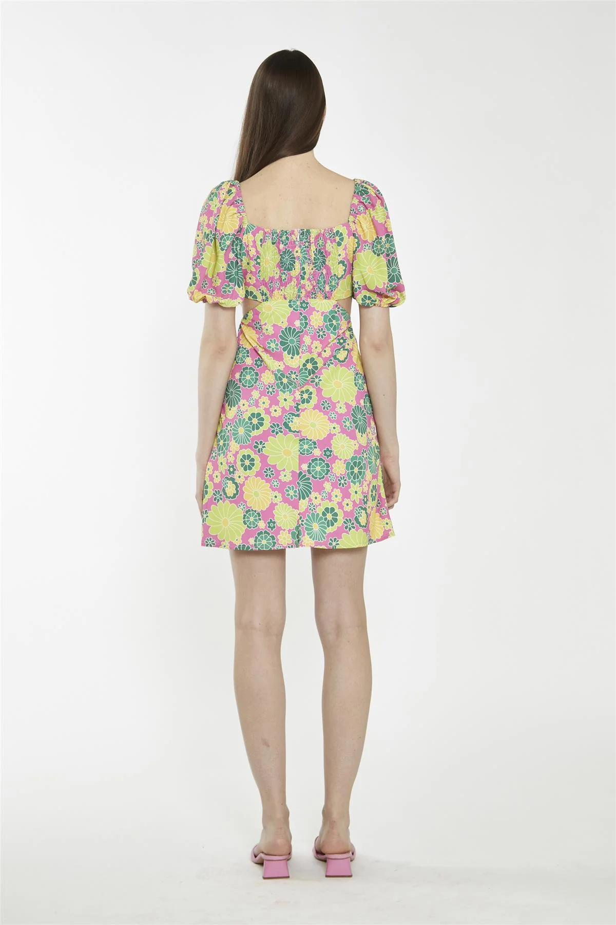 Shift Square Neck Short Dress - Pink Multi 60S Flower - Image 2
